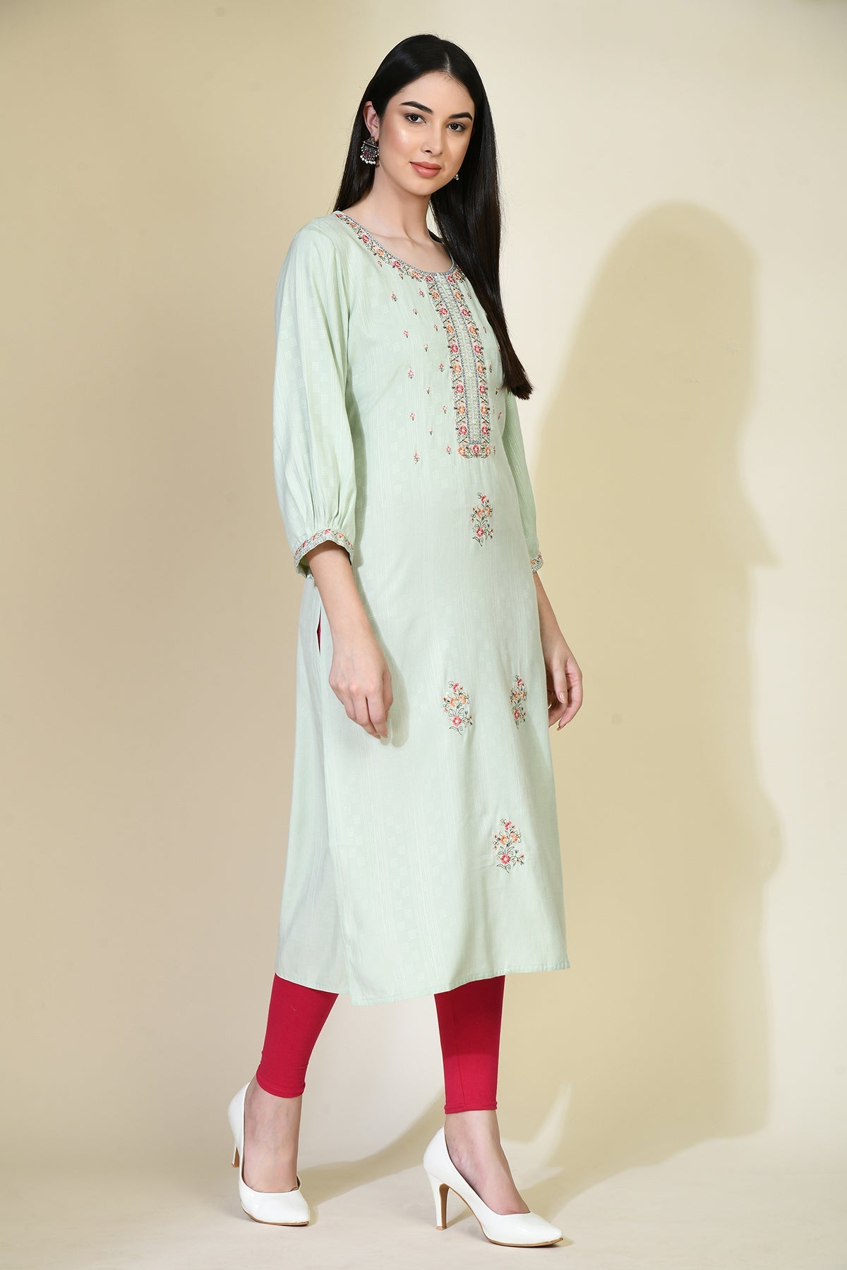 Pista Green Embroidered Straight Kurta