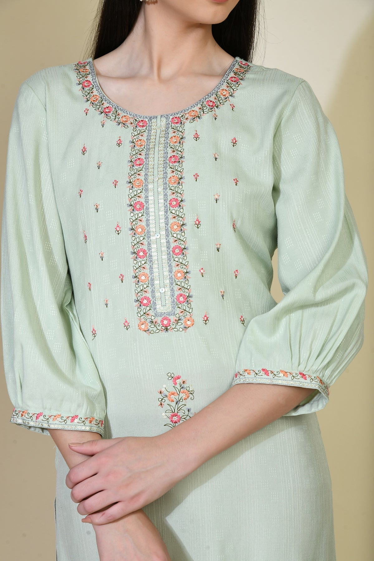 Pista Green Embroidered Straight Kurta