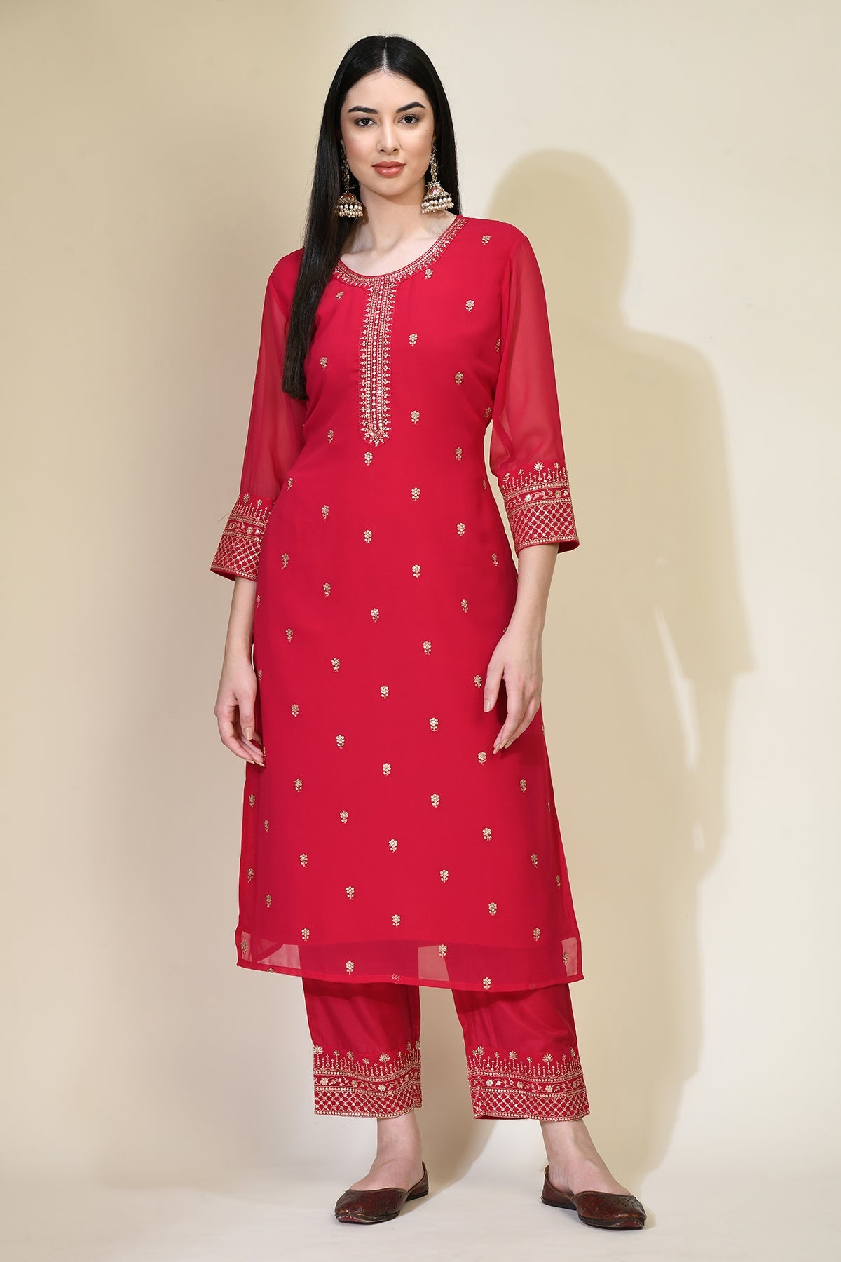 Magenta Zari Embroidered Kurti 3 Pcs Set