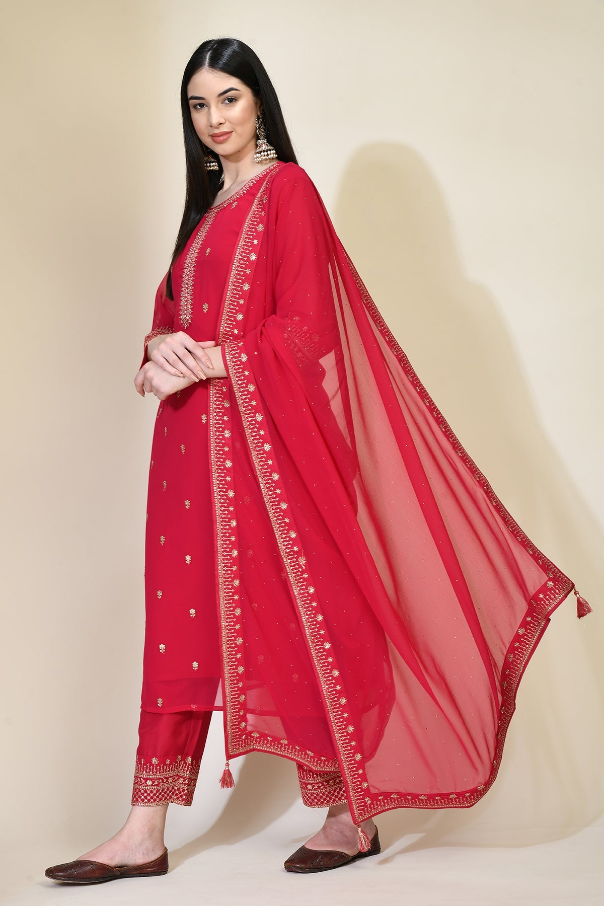 Magenta Zari Embroidered Kurti 3 Pcs Set