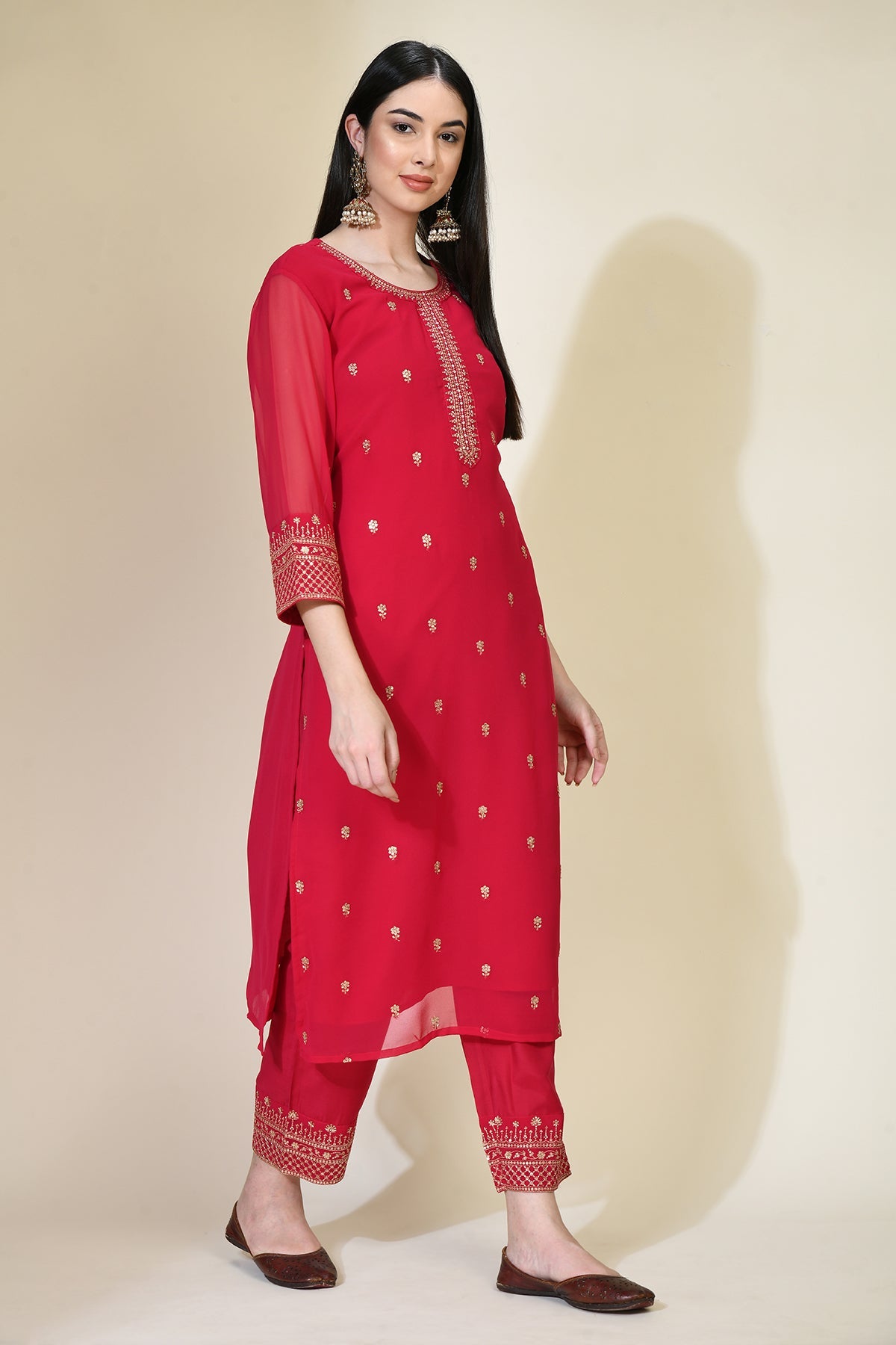 Magenta Zari Embroidered Kurti 3 Pcs Set