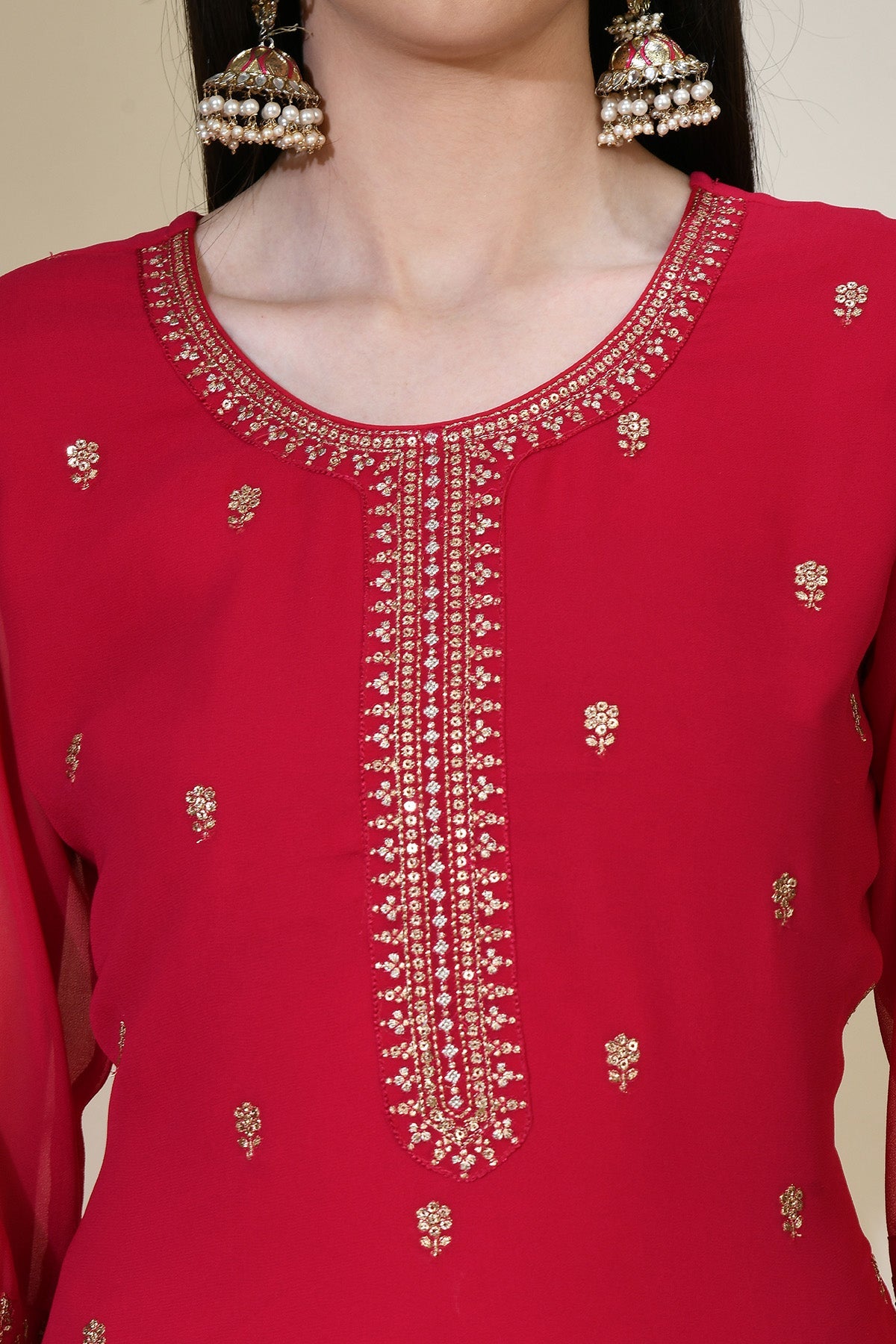 Magenta Zari Embroidered Kurti 3 Pcs Set