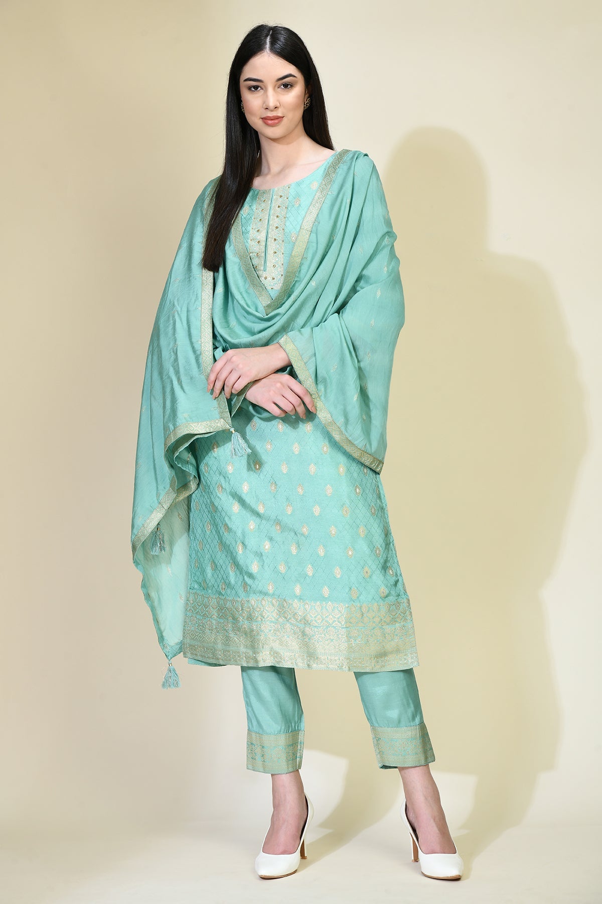Green Printed Kurta 3 Pcs Set