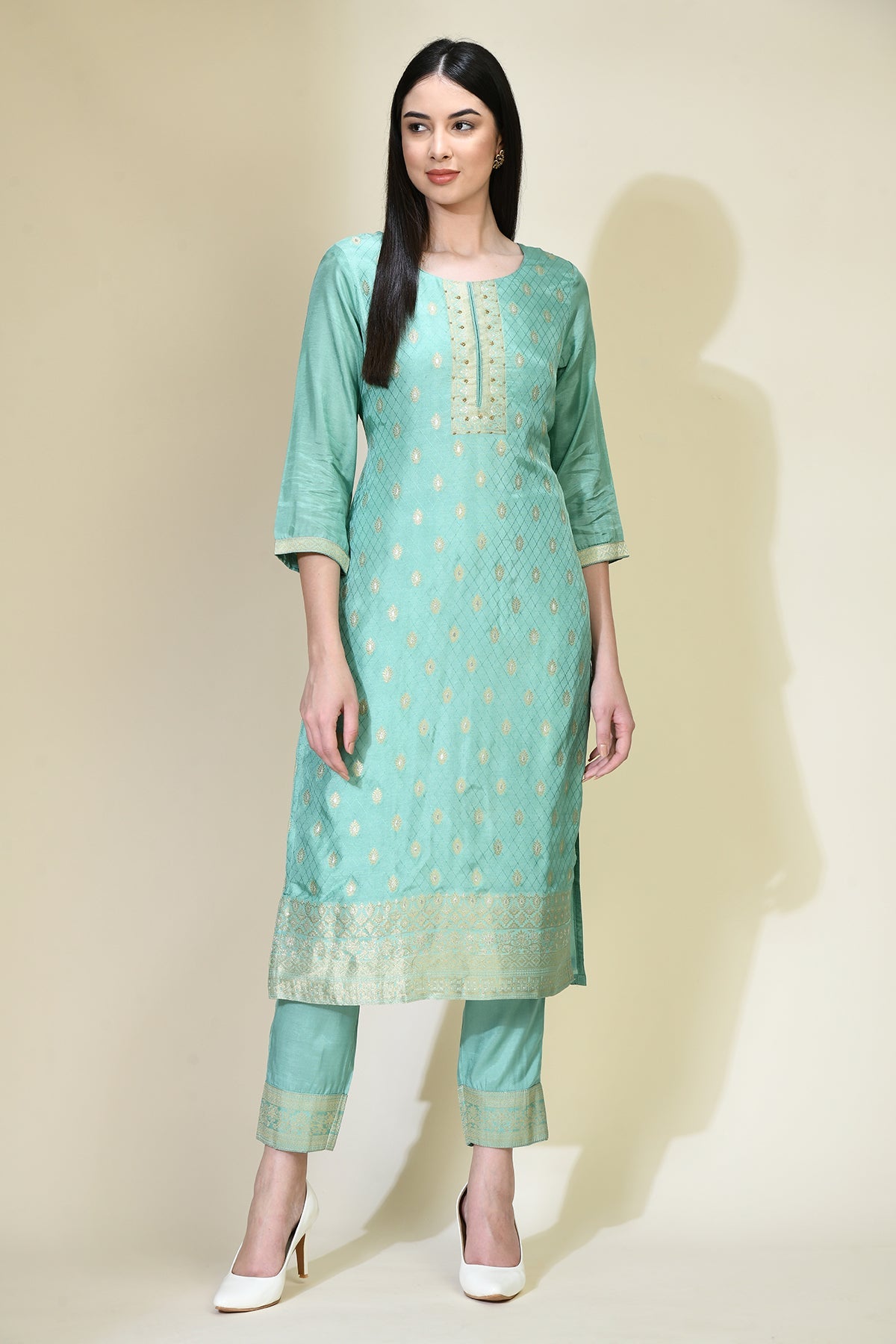 Green Printed Kurta 3 Pcs Set