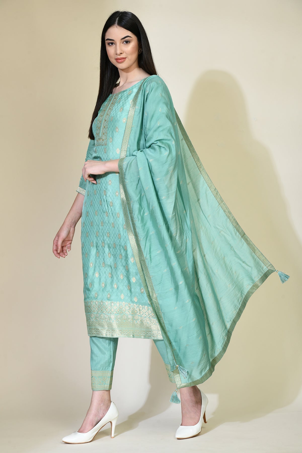 Green Printed Kurta 3 Pcs Set