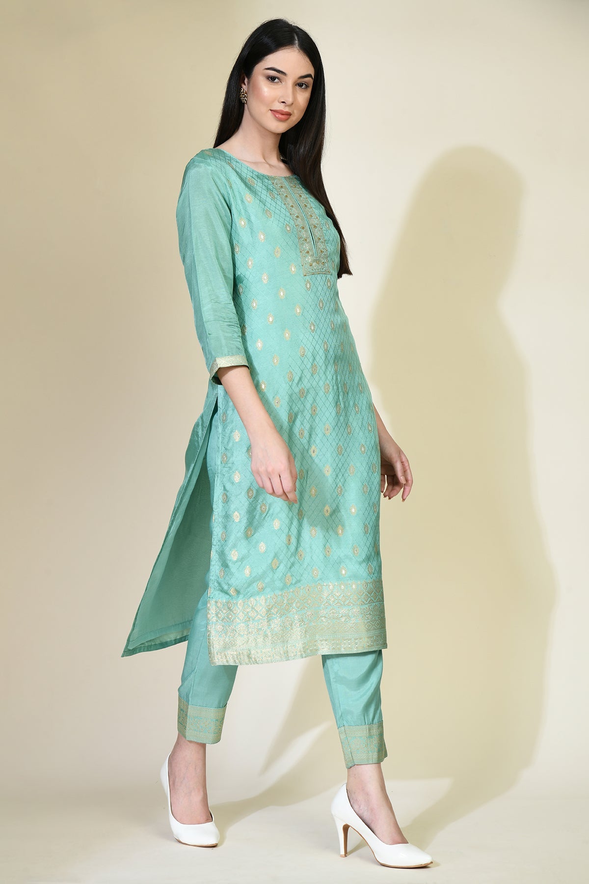 Green Printed Kurta 3 Pcs Set