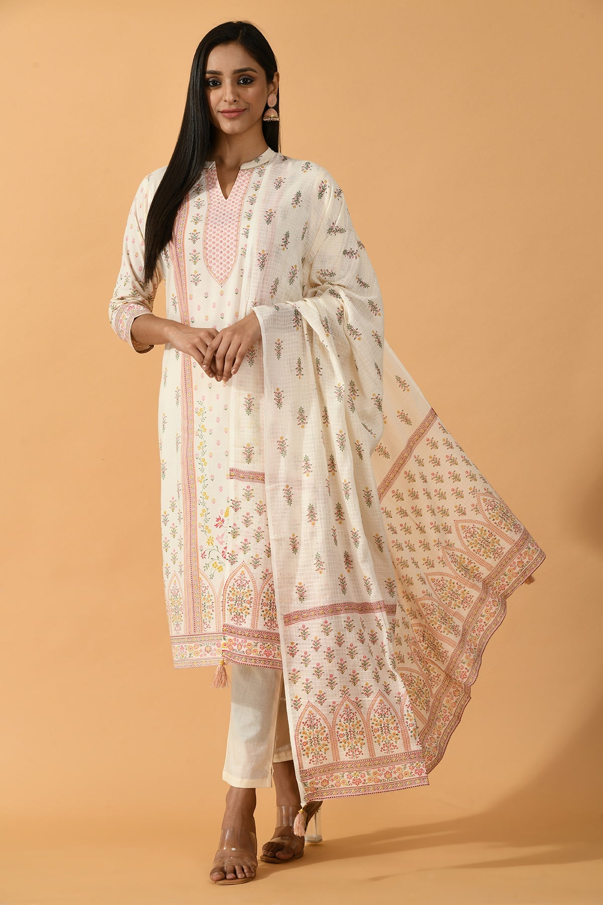 Cream Printed Kurta Set