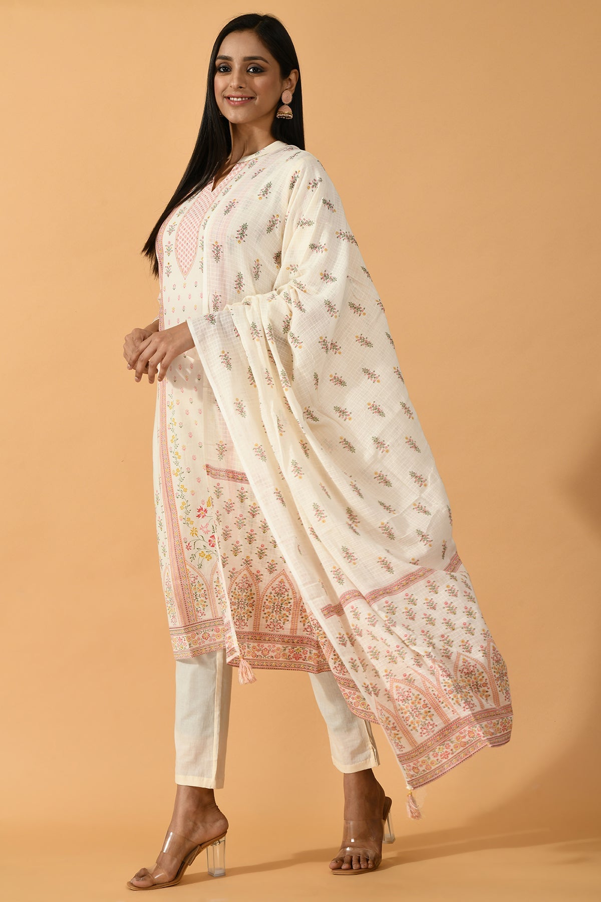 Cream Printed Kurta Set