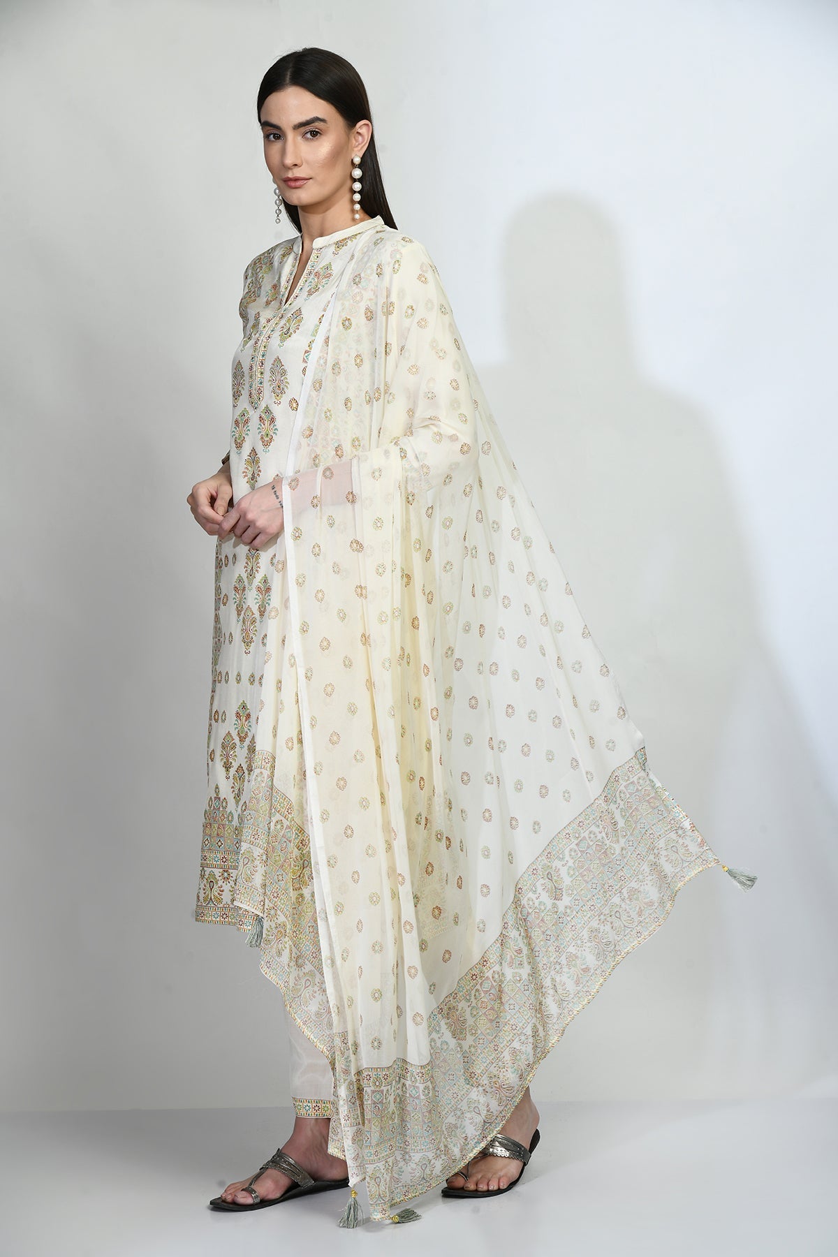 Cream Printed Kurta Set