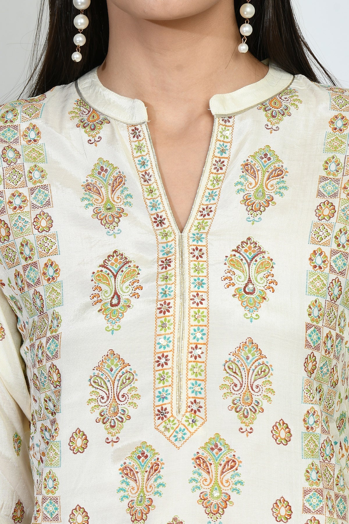 Cream Printed Kurta Set