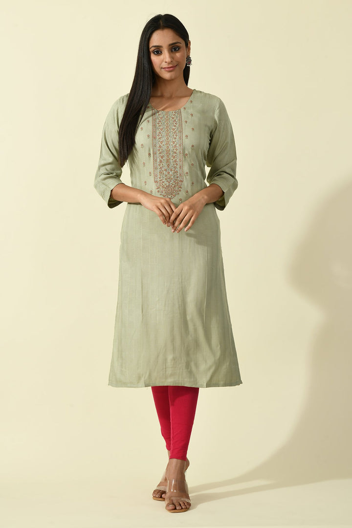 Mehandi Green Yoke Embroidered Kurta