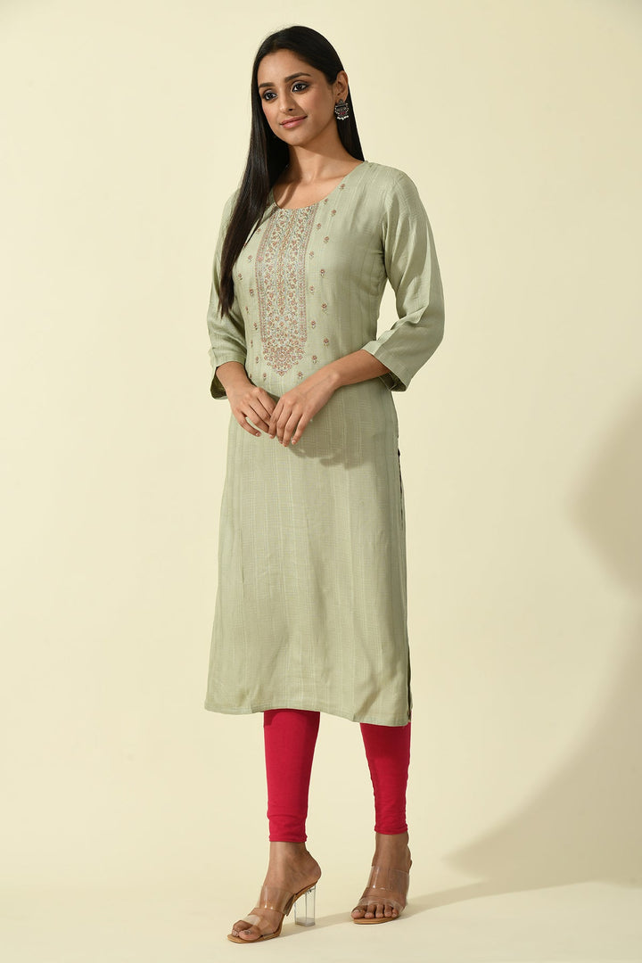 Mehandi Green Yoke Embroidered Kurta
