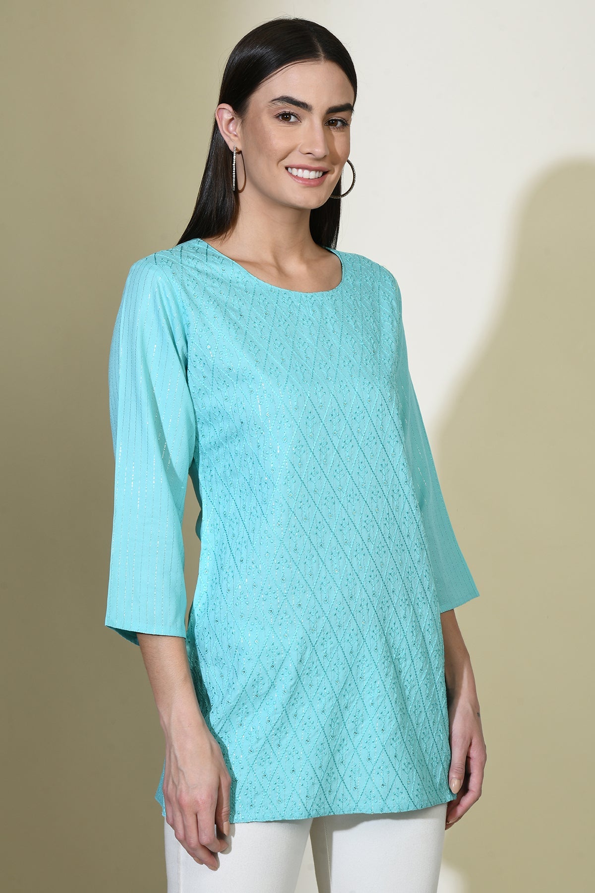 Blue Solid Embroidered Top