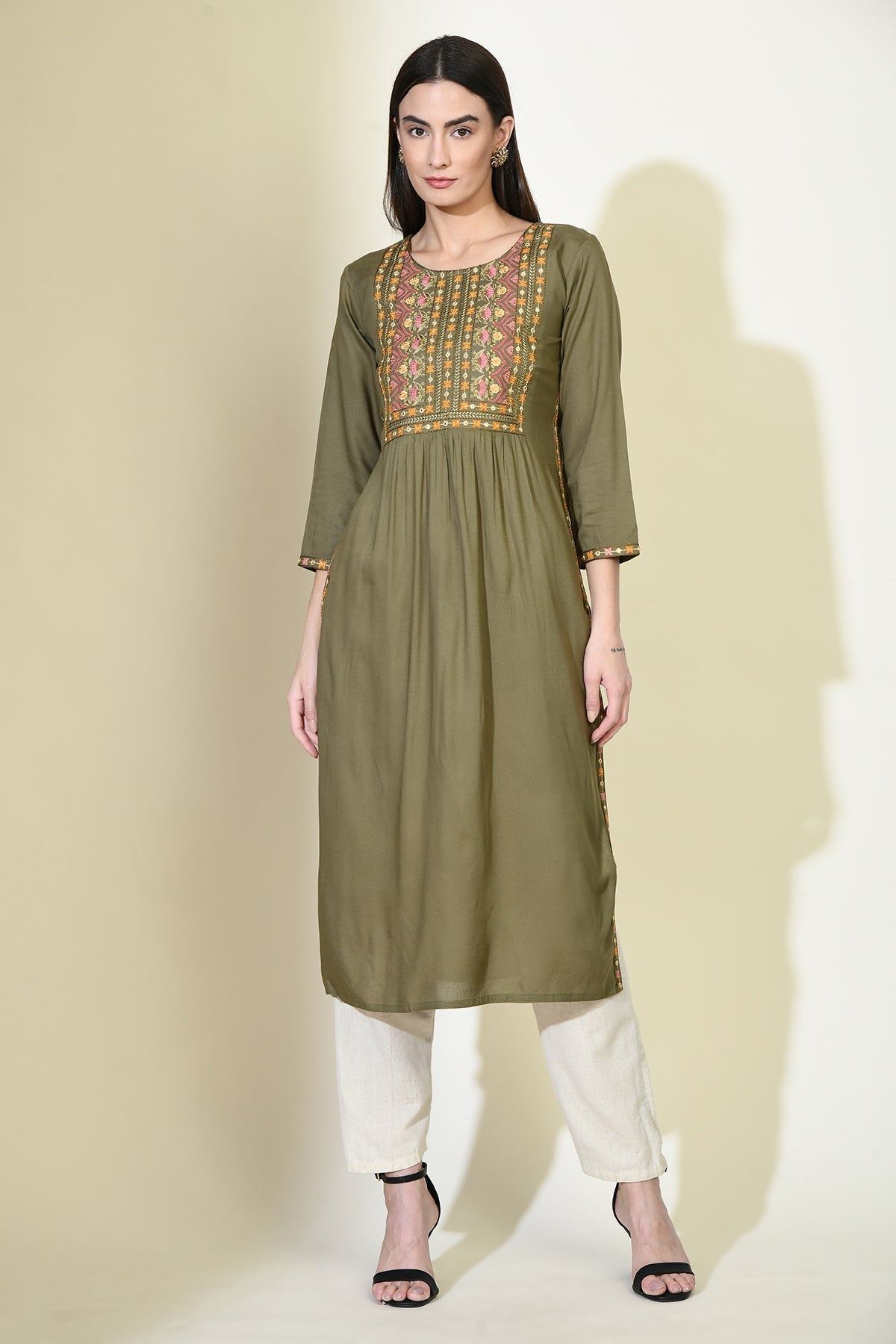 Green Yoke Embroidered Straight Kurta