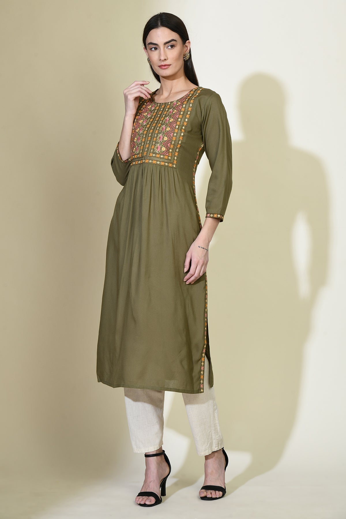 Green Yoke Embroidered Straight Kurta