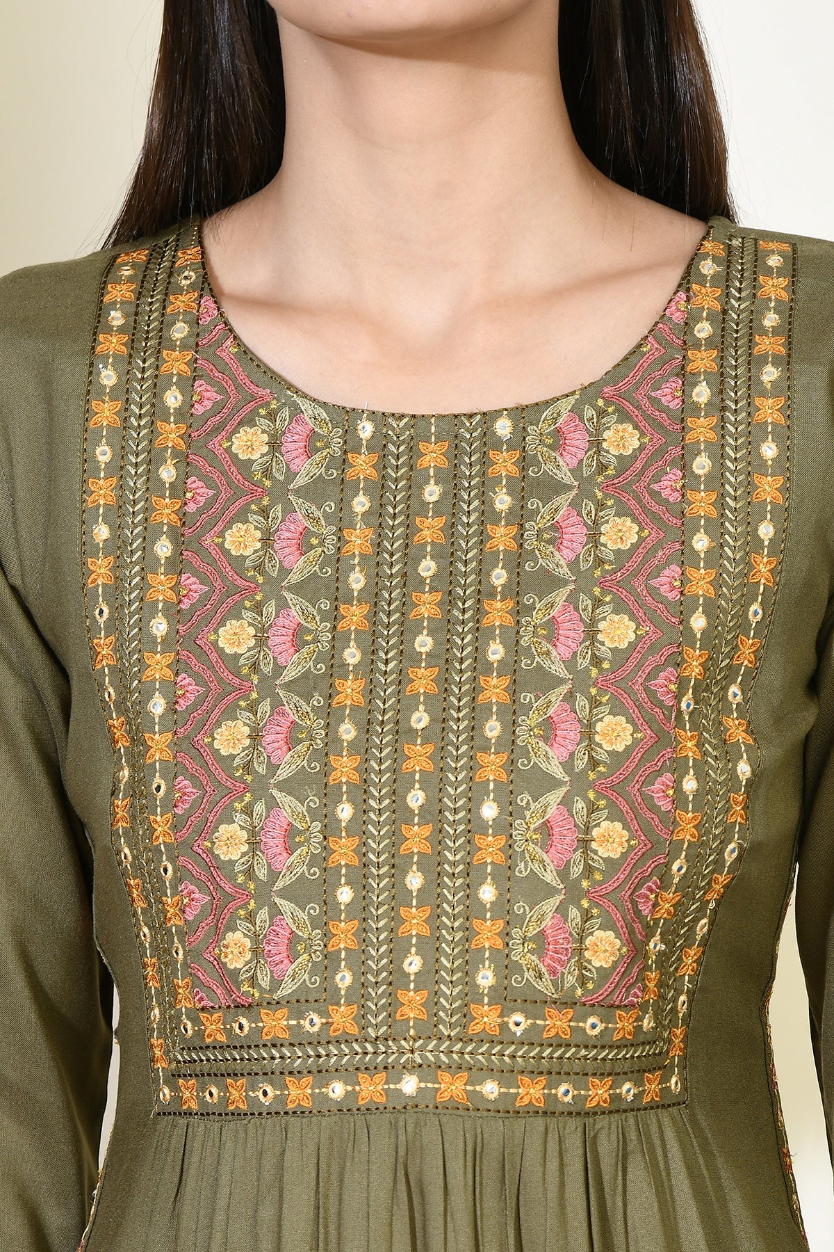 Green Yoke Embroidered Straight Kurta