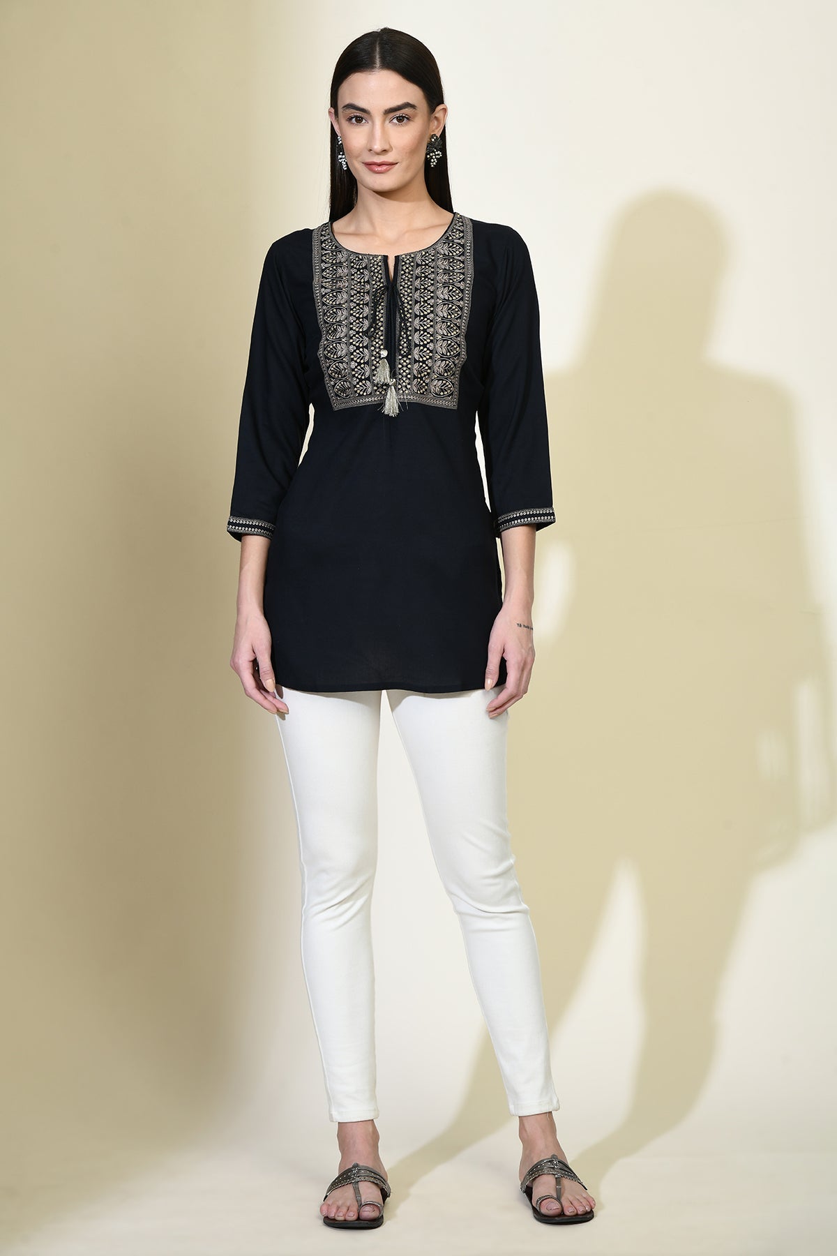 Dark Blue Solid Yoke Embroidered Straight Top
