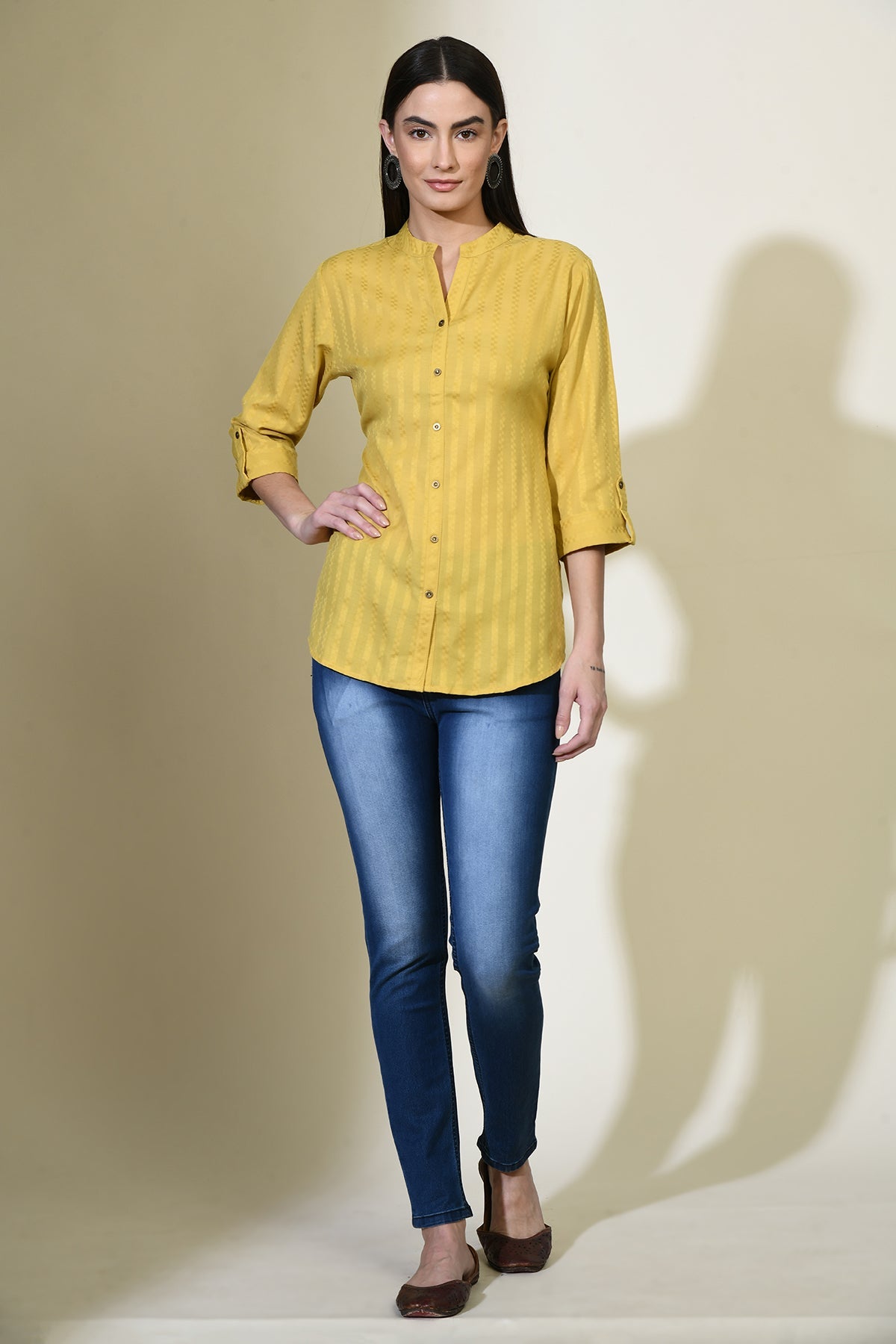 Mustard Solid Self Design Shirt