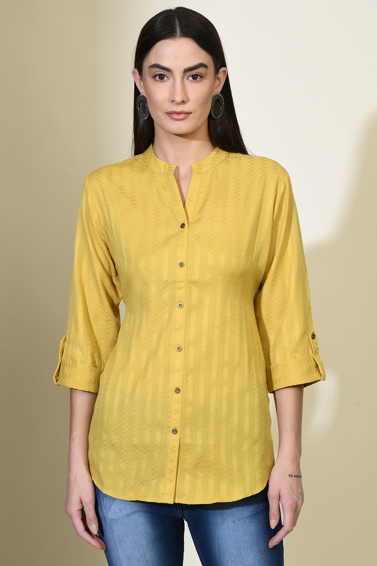 Mustard Solid Self Design Shirt