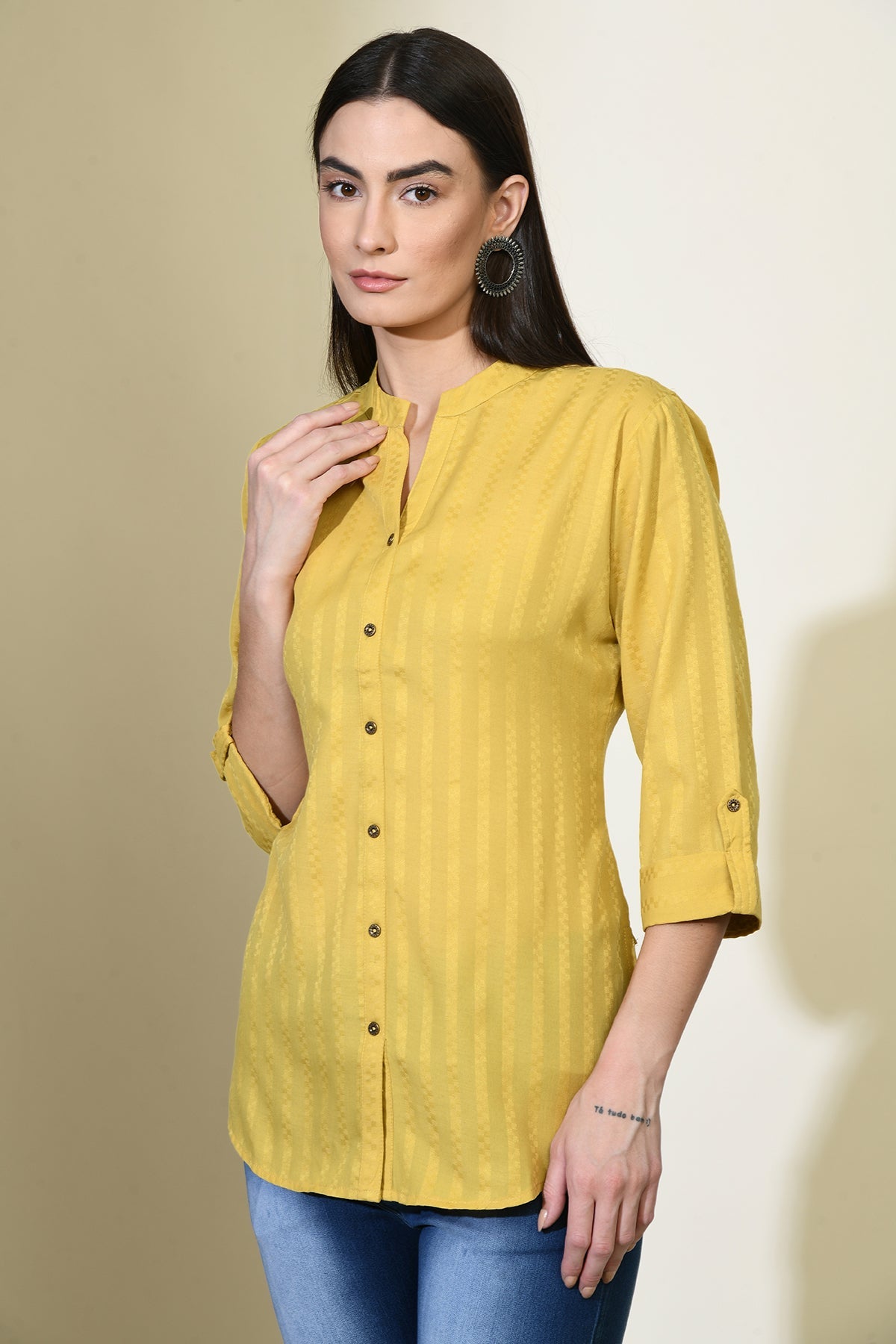 Mustard Solid Self Design Shirt