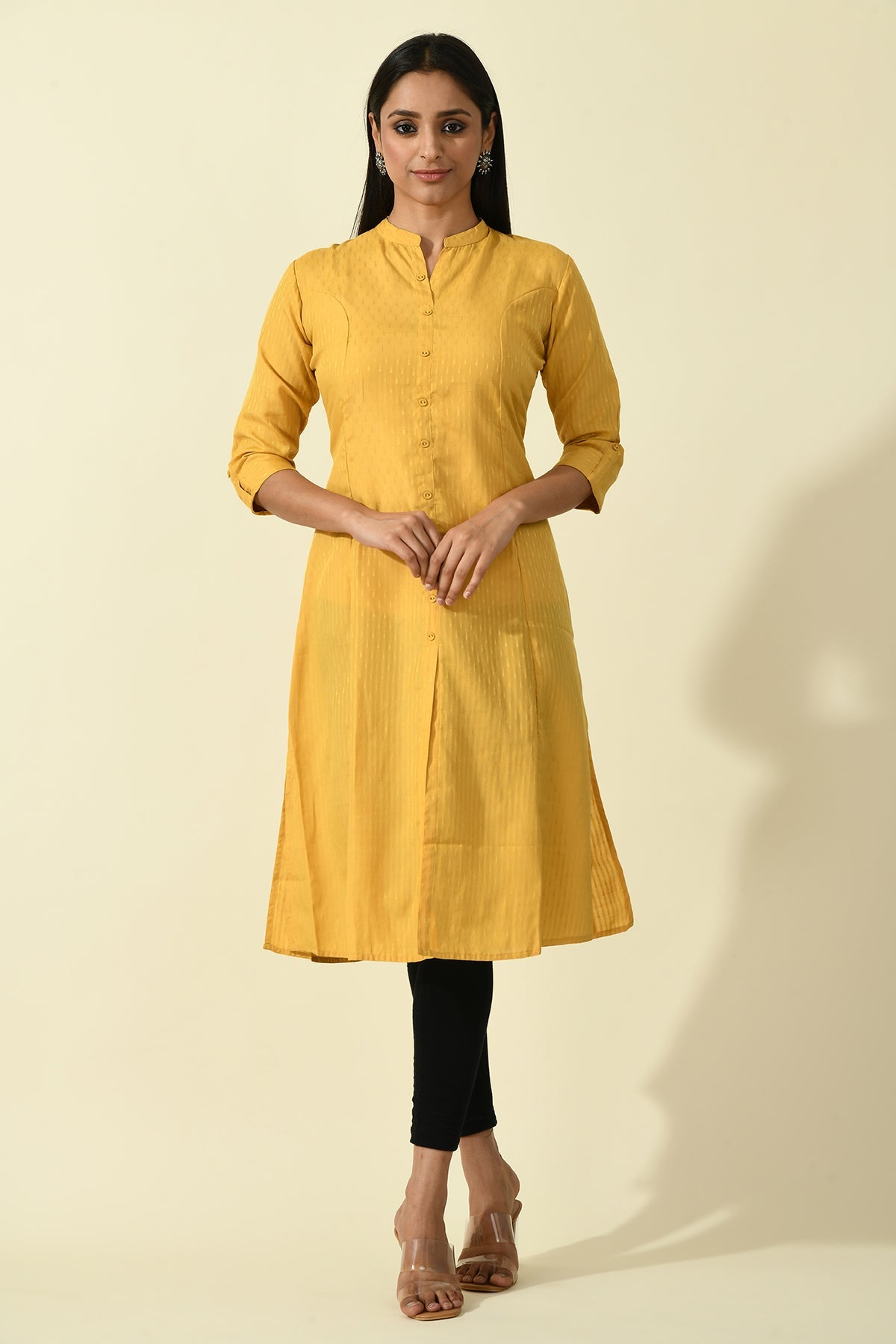 Mustard Solid Self Design Kurta