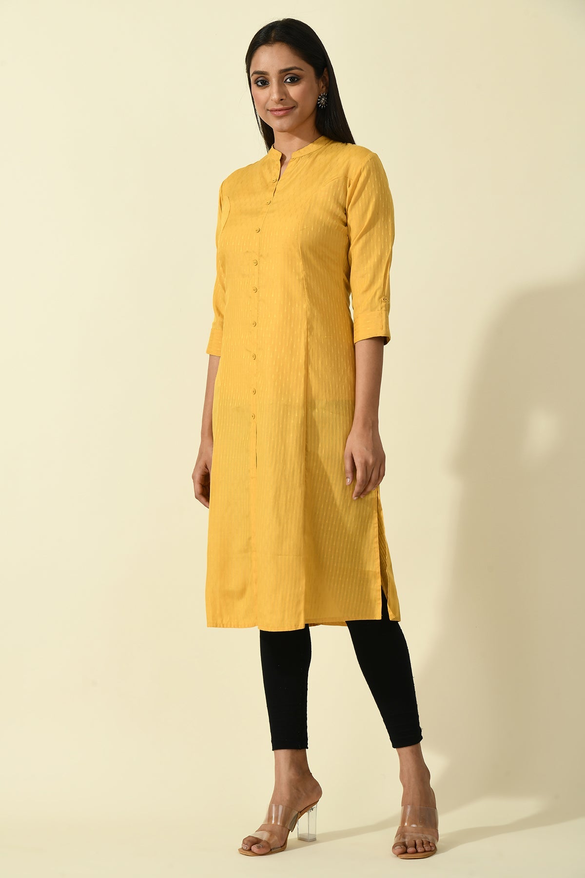 Mustard Solid Self Design Kurta