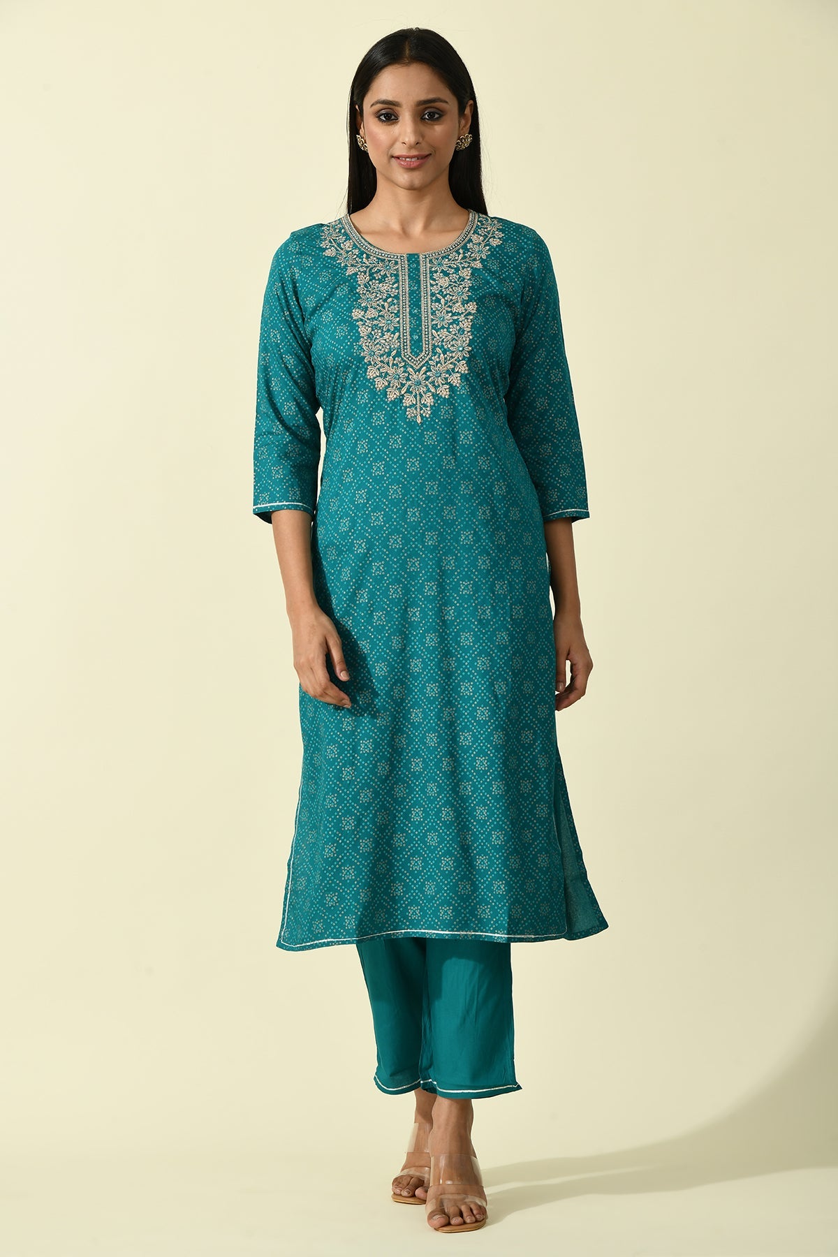 Green Yoke Embroidered Printed Kurta Set