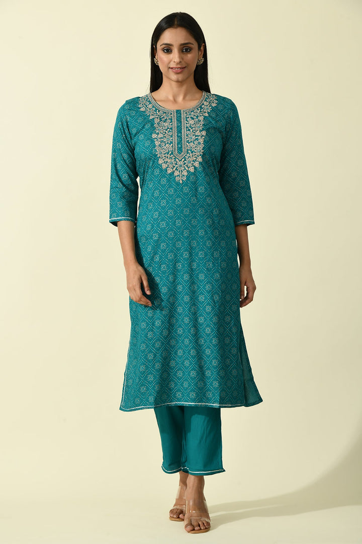 Green Yoke Embroidered Printed Kurta Set