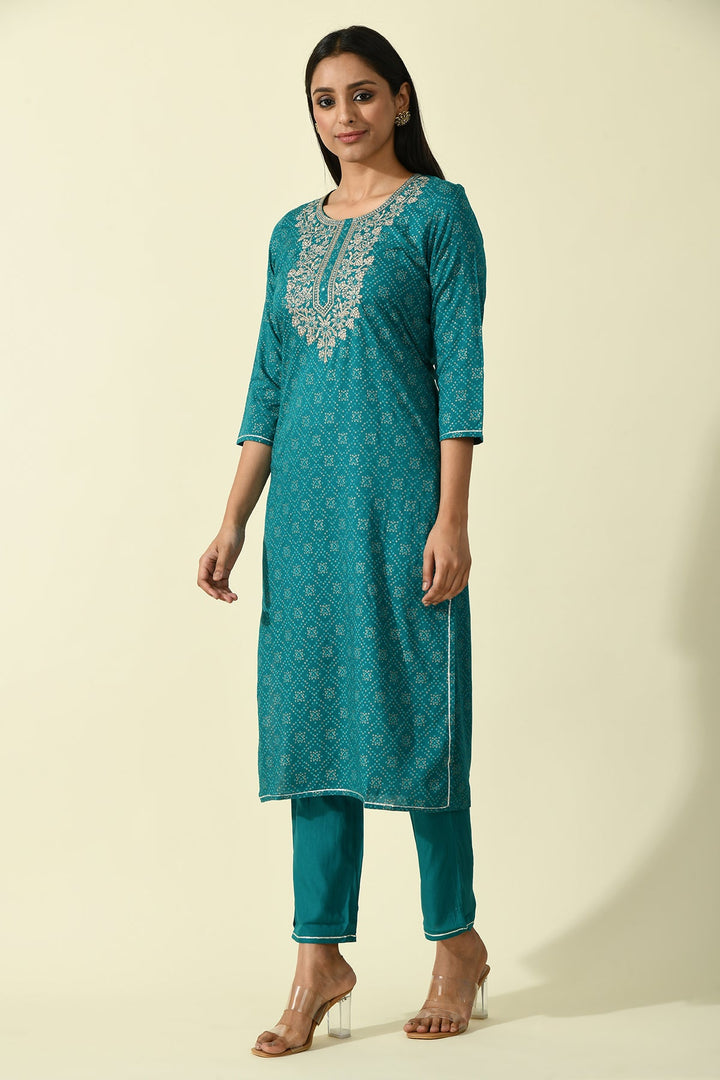 Green Yoke Embroidered Printed Kurta Set