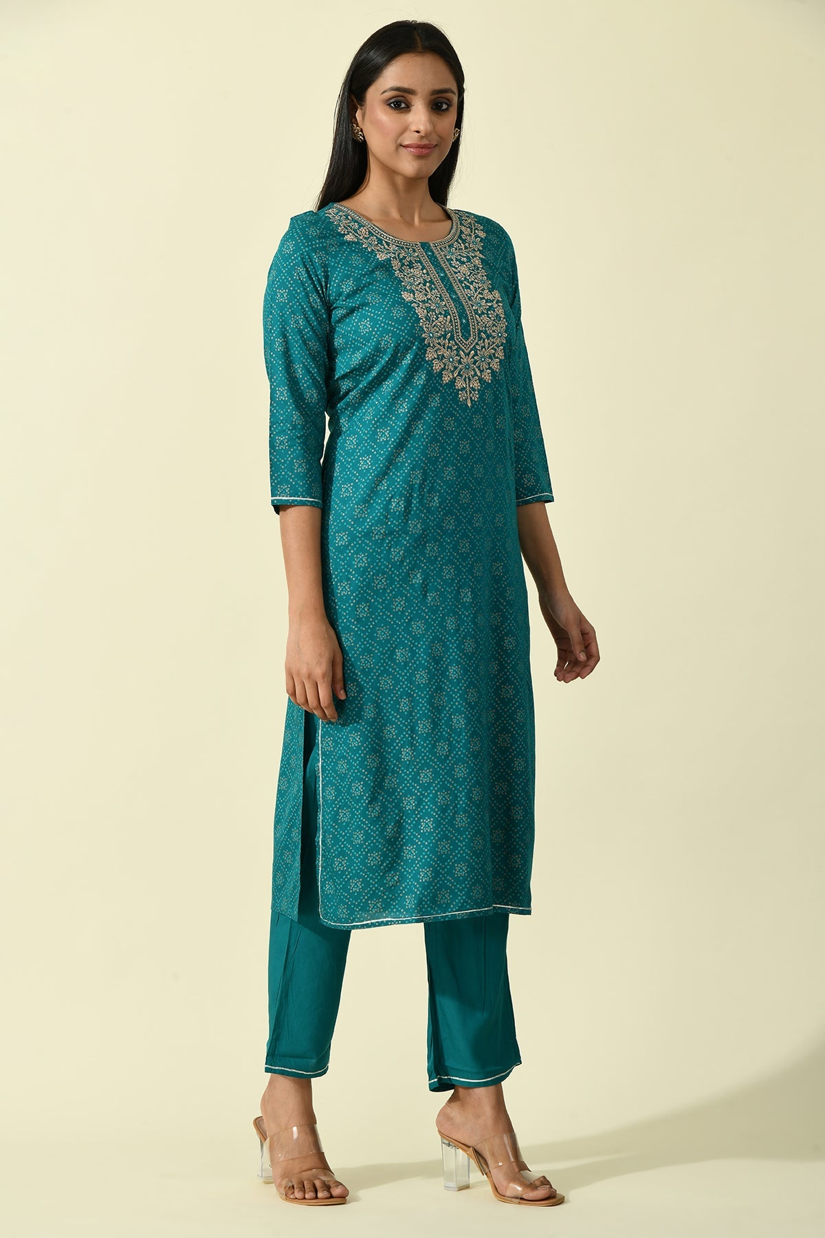 Green Yoke Embroidered Printed Kurta Set