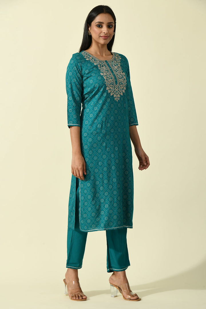 Green Yoke Embroidered Printed Kurta Set