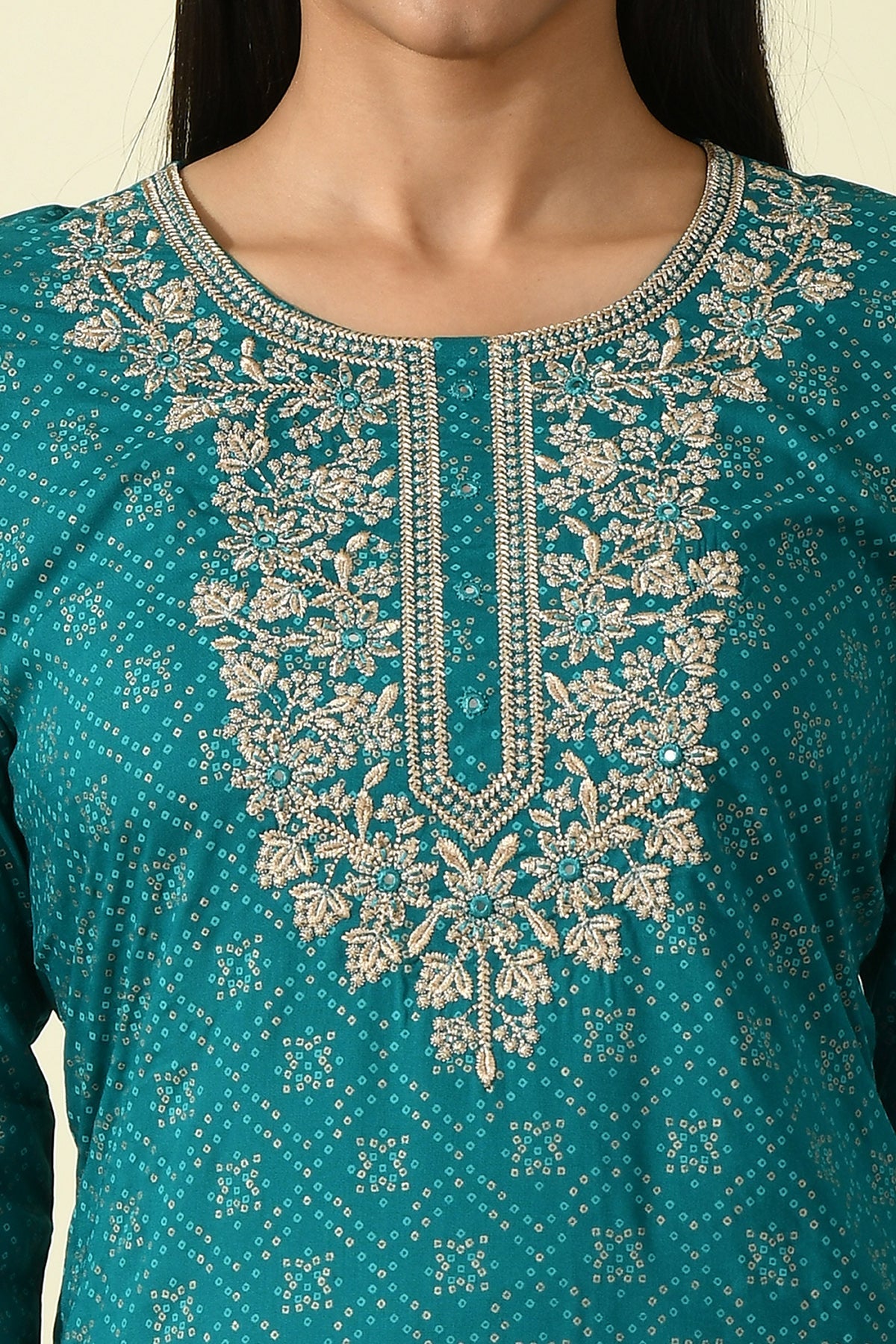 Green Yoke Embroidered Printed Kurta Set