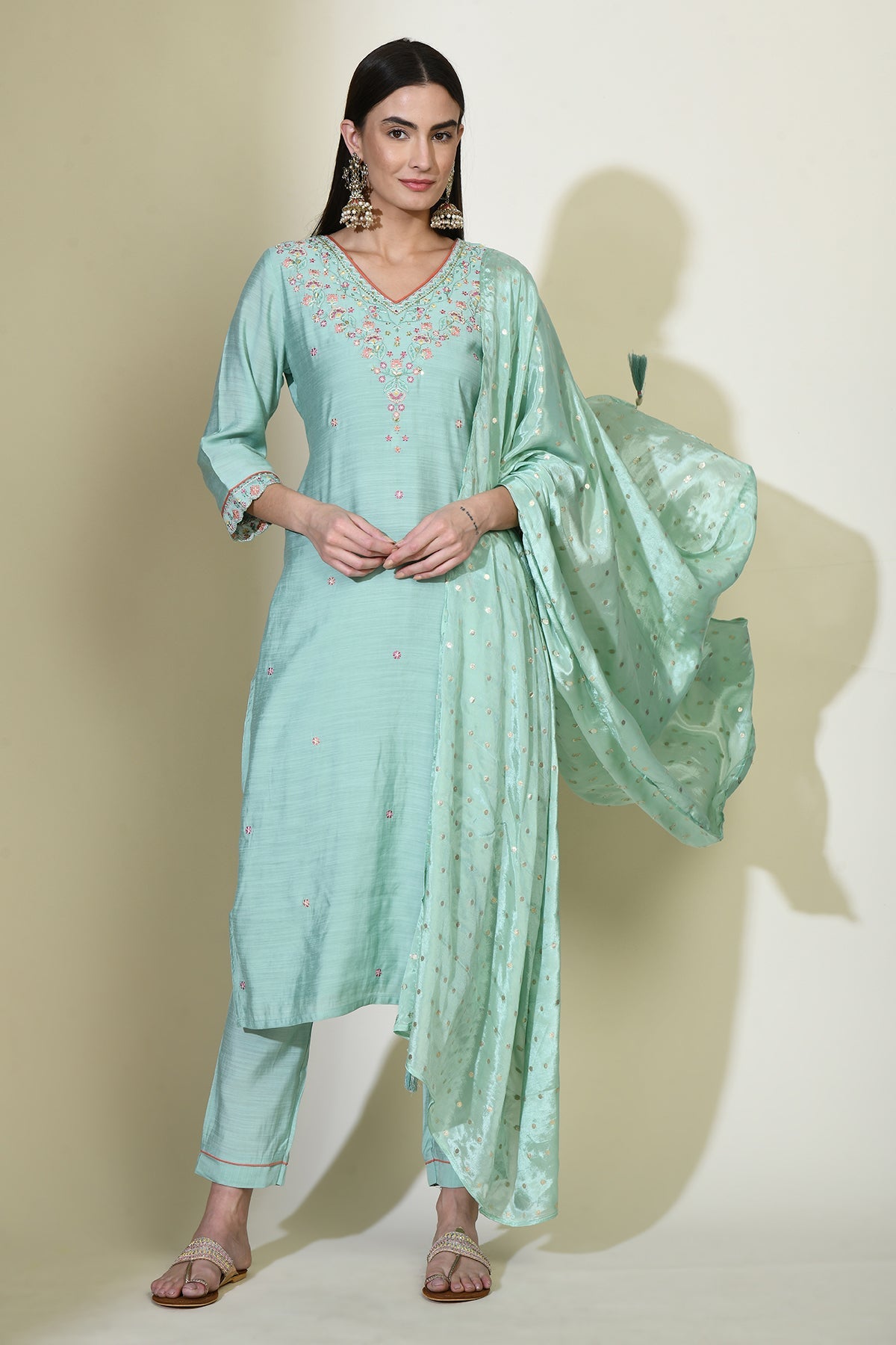 Green Embroidered Straight Kurta 3 Pcs Set