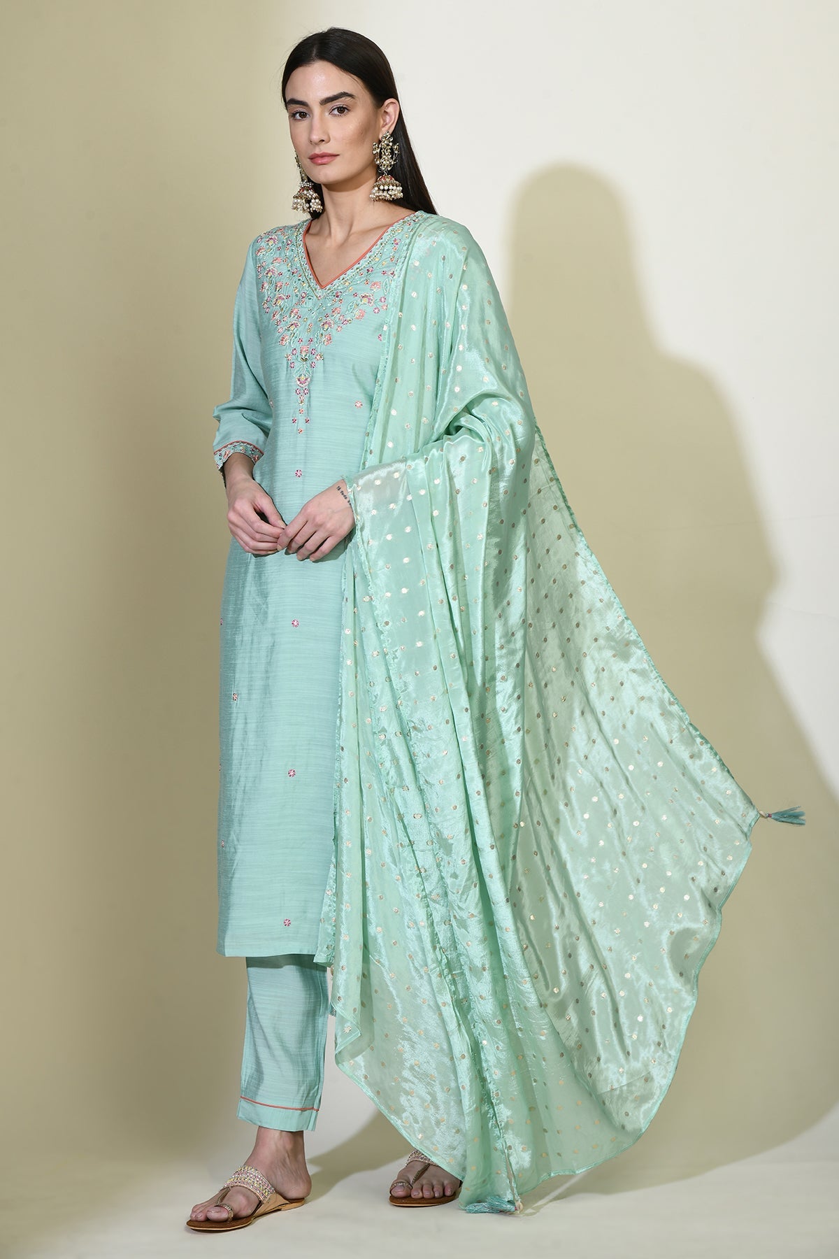 Green Embroidered Straight Kurta 3 Pcs Set