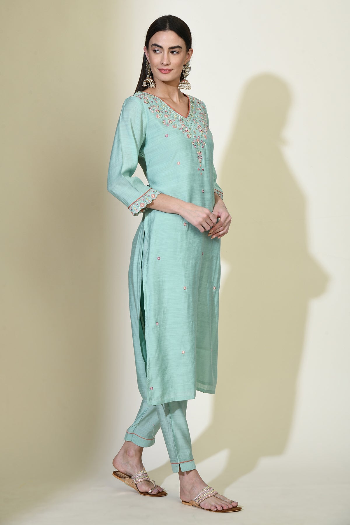 Green Embroidered Straight Kurta 3 Pcs Set