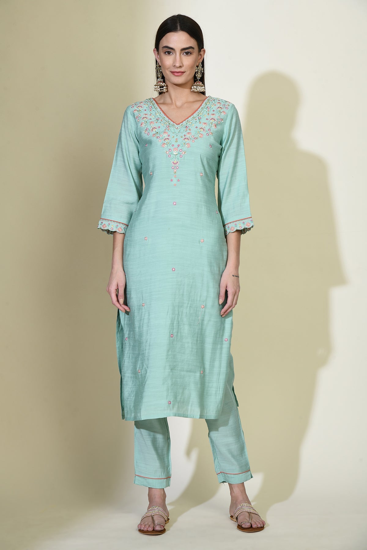 Green Embroidered Straight Kurta 3 Pcs Set