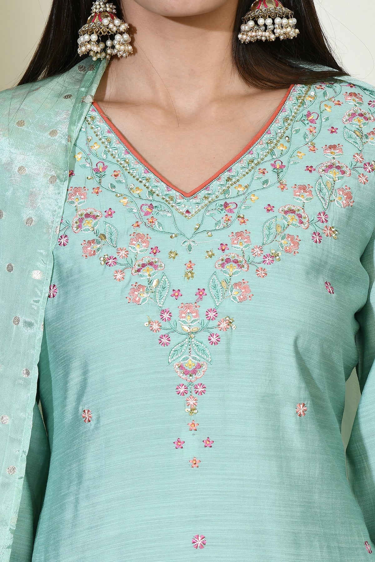 Green Embroidered Straight Kurta 3 Pcs Set