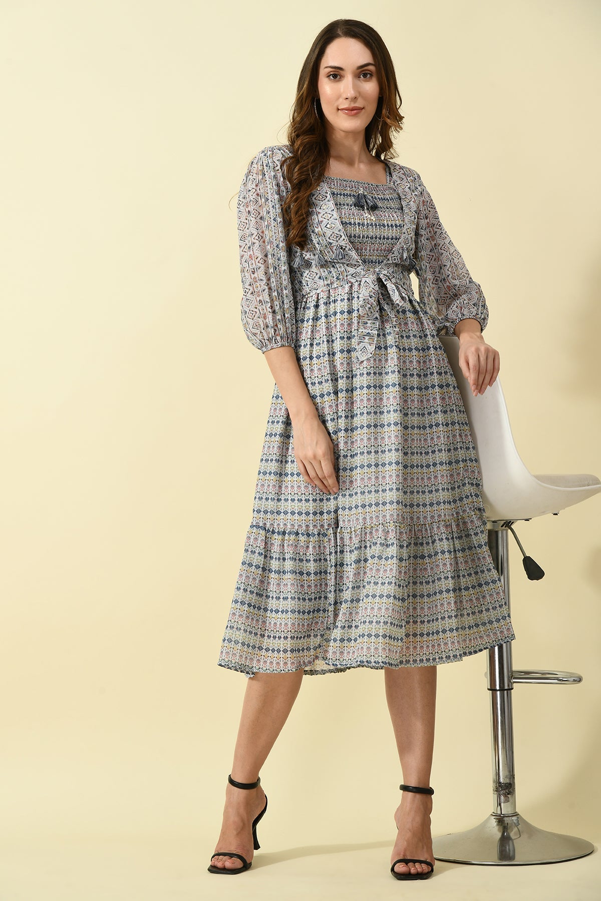 Multi Printed Midi Dress with Printed and Jacket