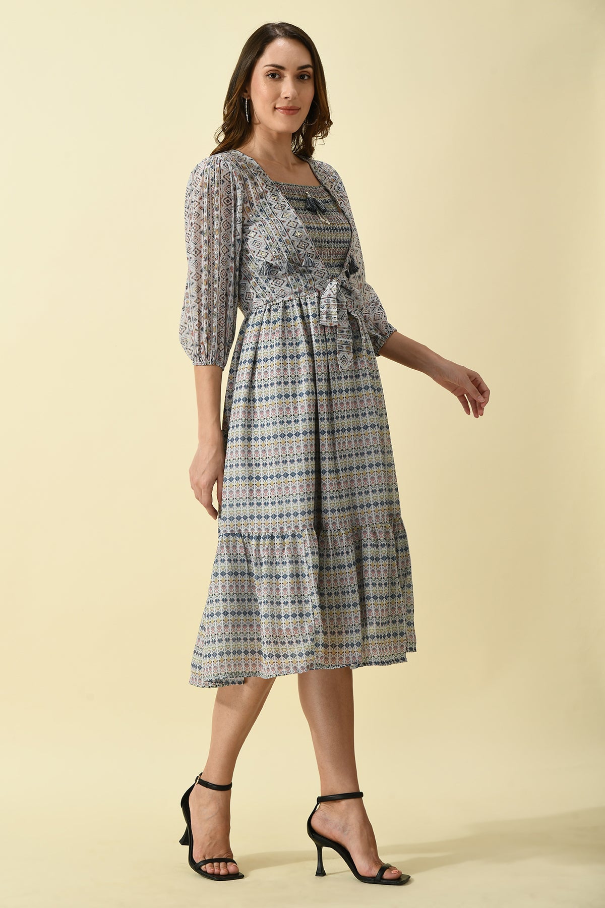 Multi Printed Midi Dress with Printed and Jacket