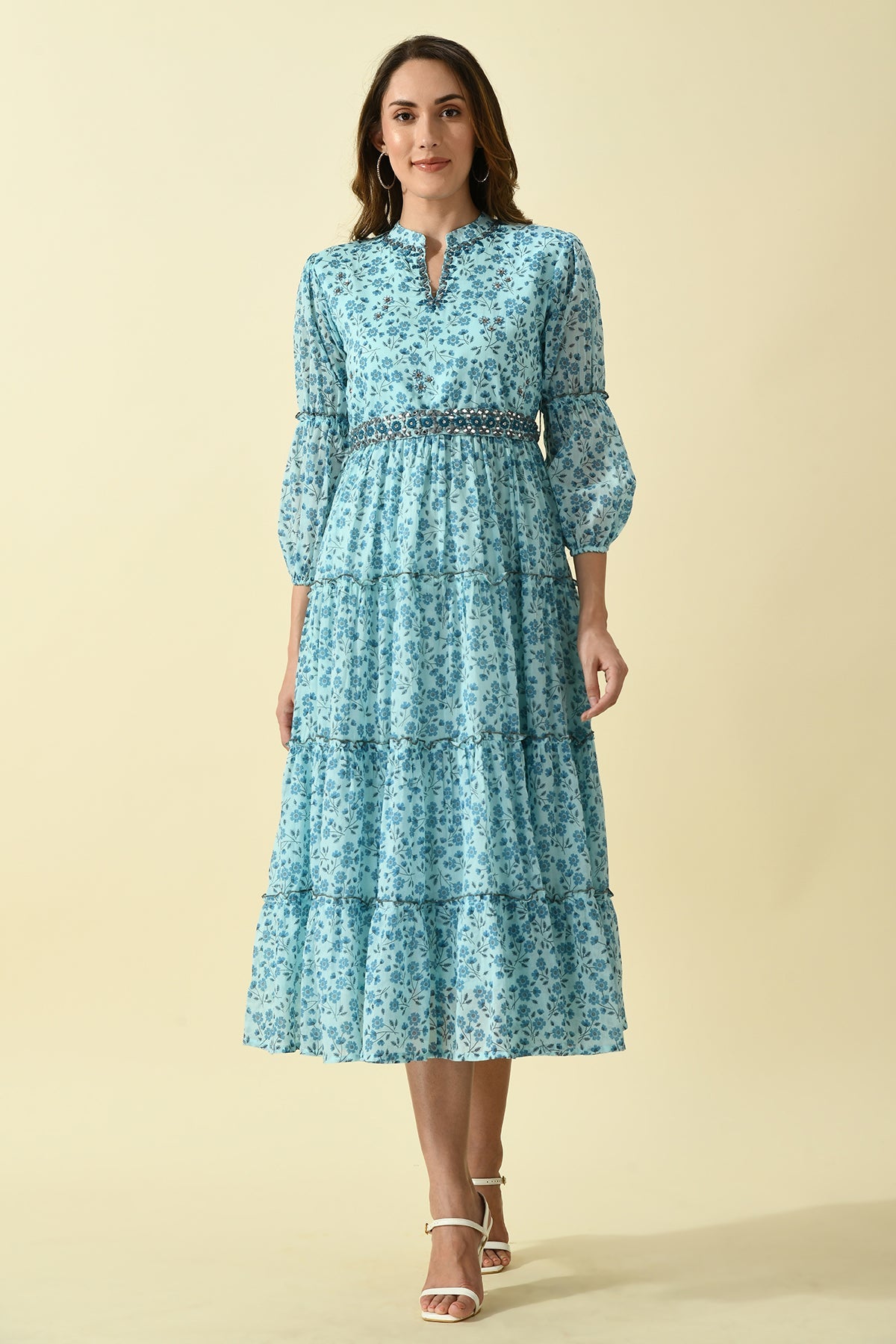 Blue Printed Flared Dress