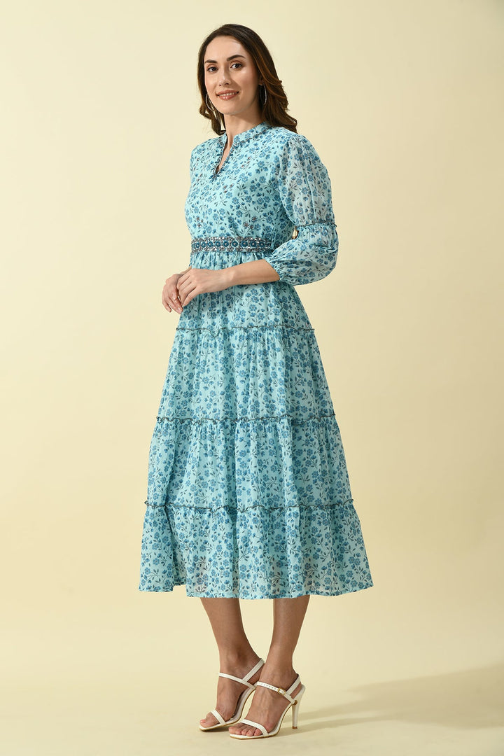Blue Printed Flared Dress