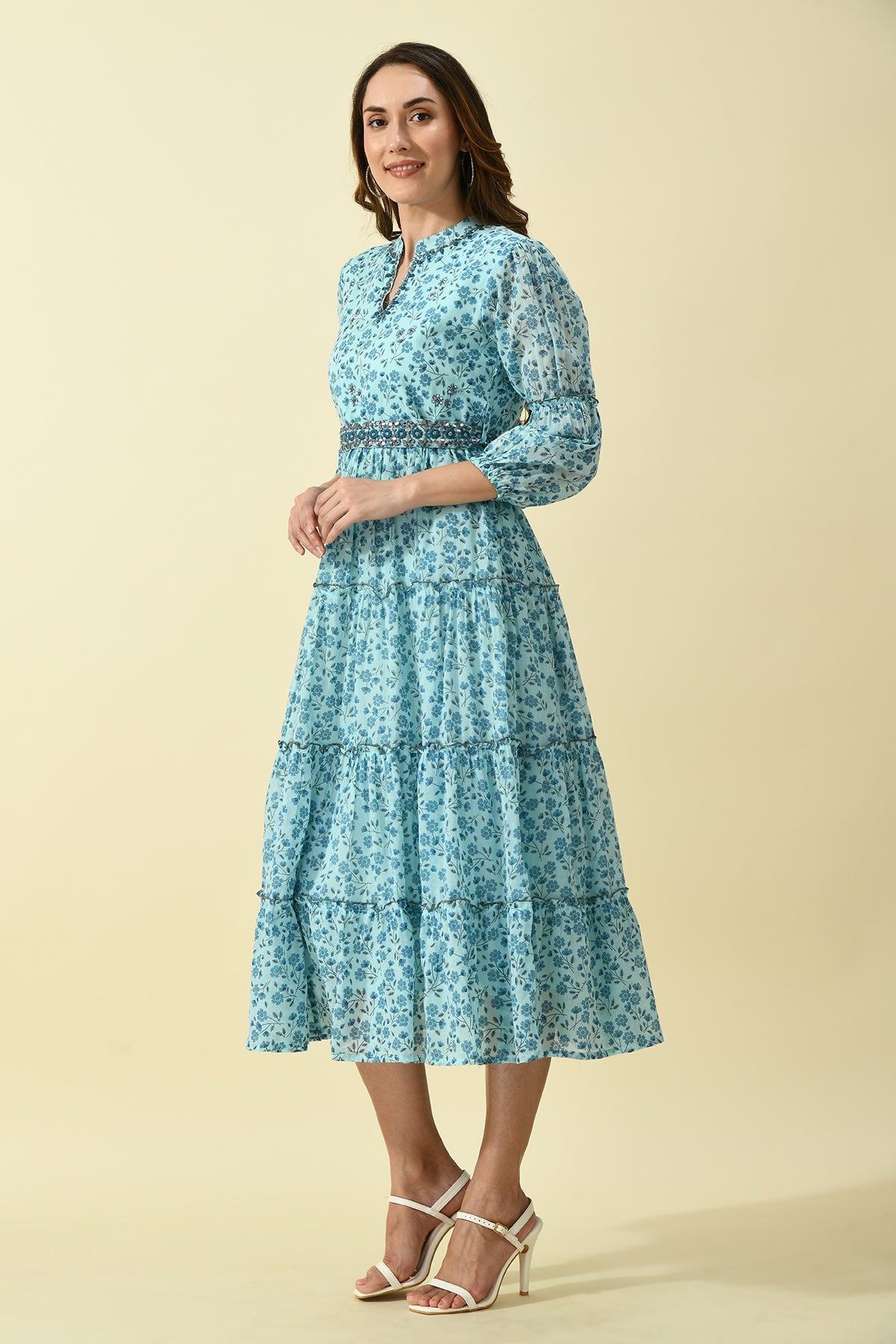 Blue Printed Flared Dress