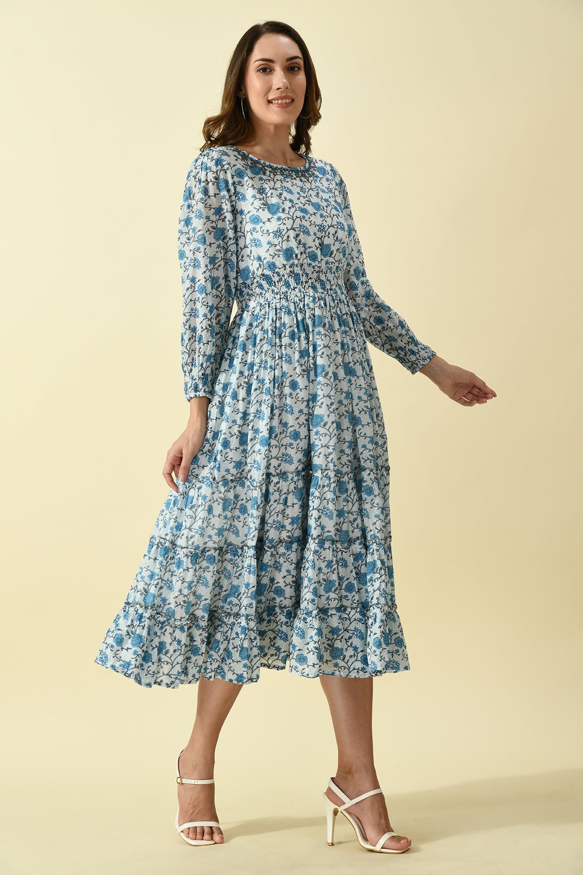 White Blue Printed Dress