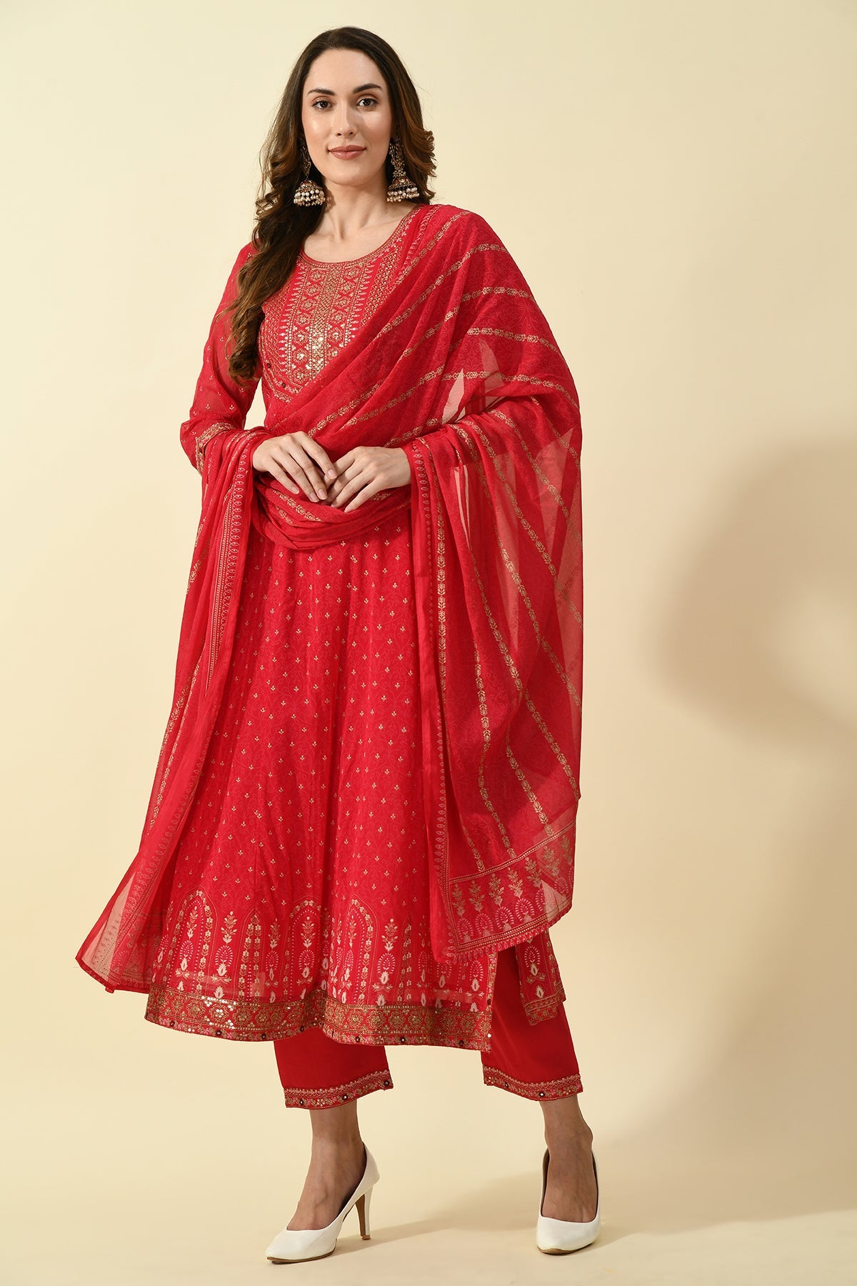 Pink Yoke Embroidered Printed Kurta 3 Pcs Set