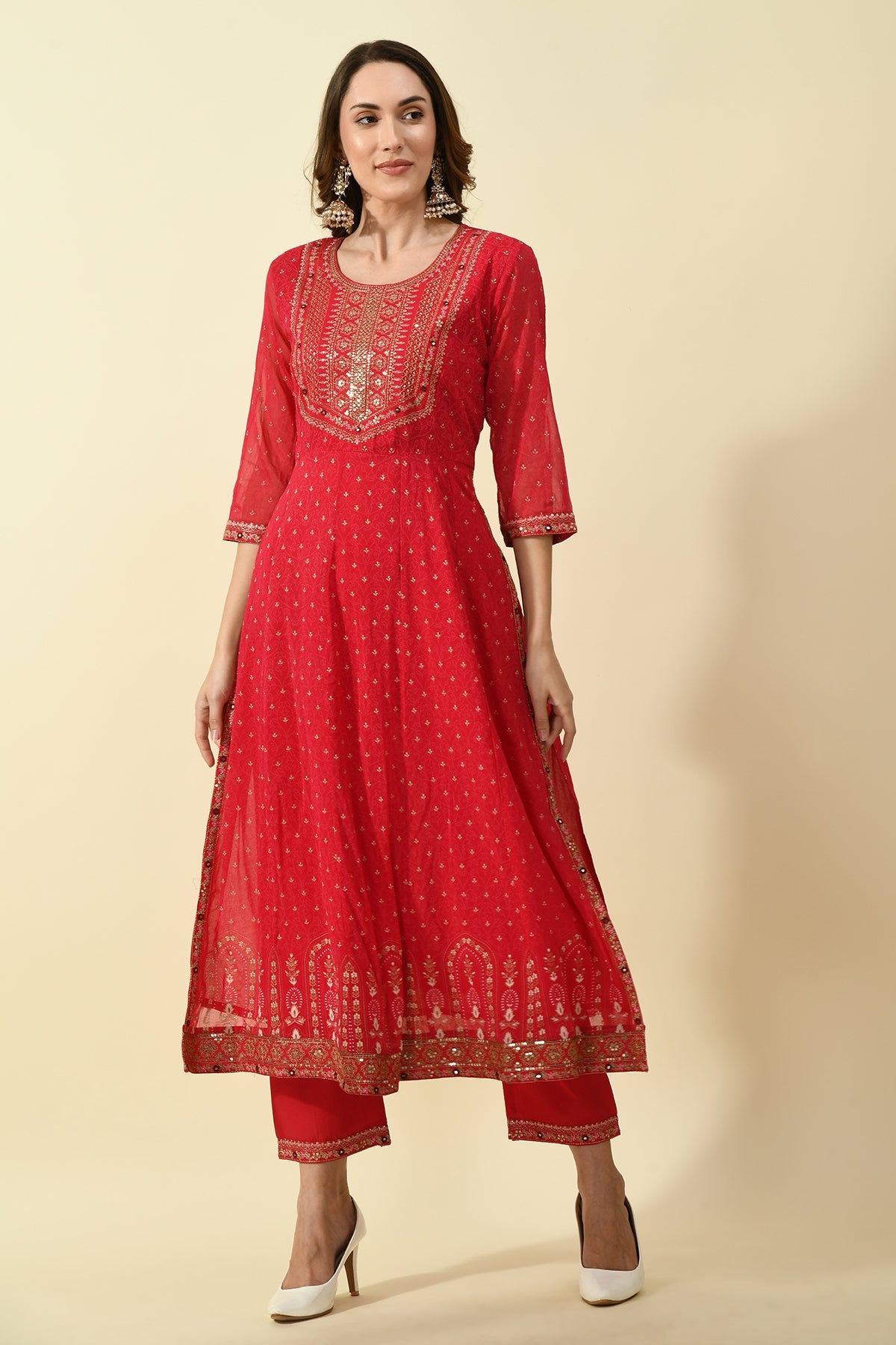 Pink Yoke Embroidered Printed Kurta 3 Pcs Set