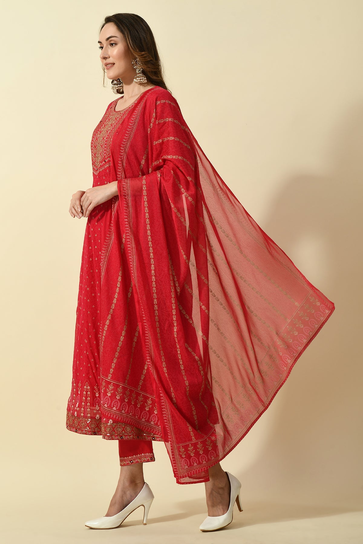 Pink Yoke Embroidered Printed Kurta 3 Pcs Set