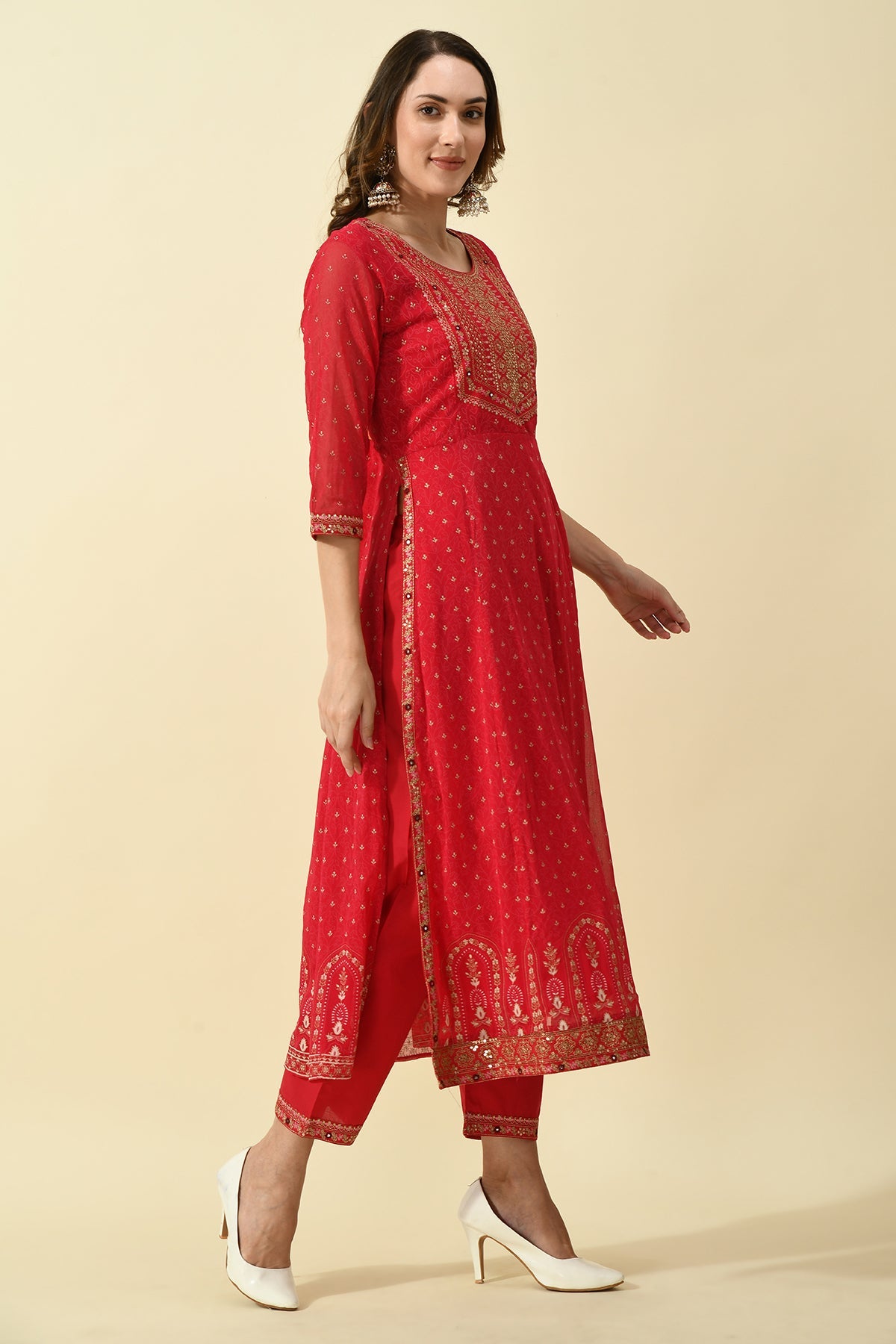 Pink Yoke Embroidered Printed Kurta 3 Pcs Set