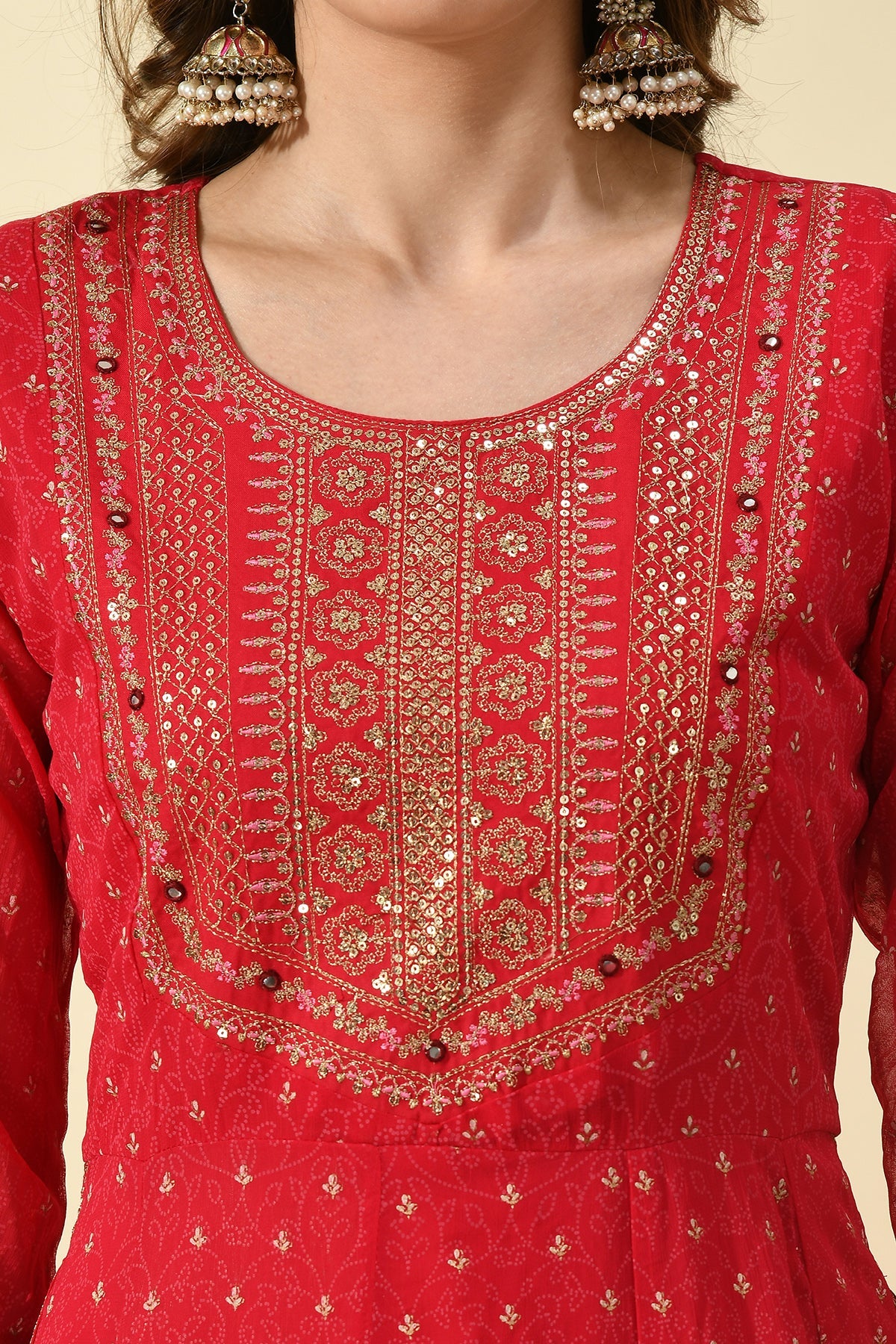 Pink Yoke Embroidered Printed Kurta 3 Pcs Set