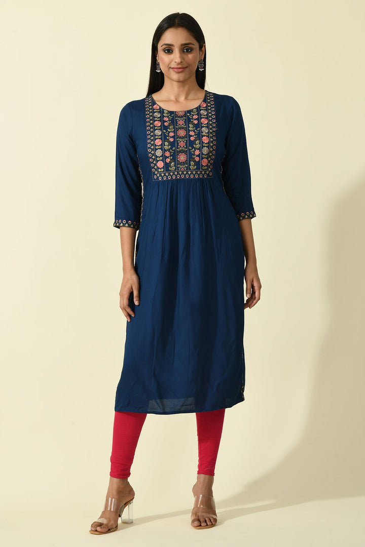 Blue Yoke Embroidered Solid Straight Kurta