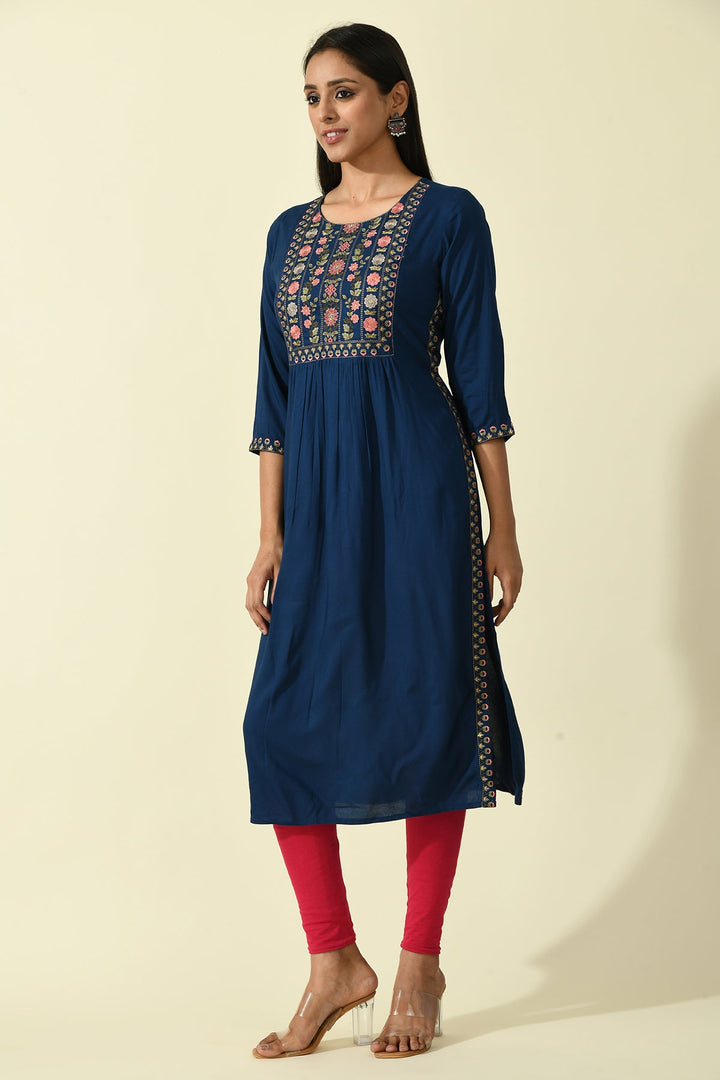 Blue Yoke Embroidered Solid Straight Kurta